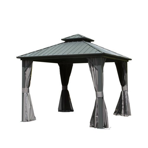 8' X 8' Hardtop Gazebo, Aluminum Metal Gazebo with Galvanized Steel Double Roof Canopy, Curtain and Netting, Permanent Gazebo Pavilion for Patio, Backyard, Deck, Lawn,Grey