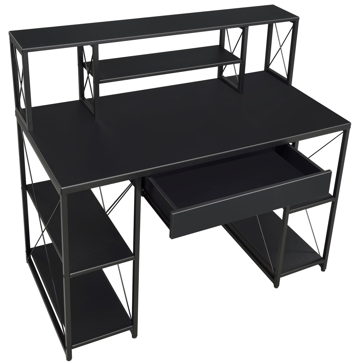 Black Office Desk with Open Shelves and Hutch