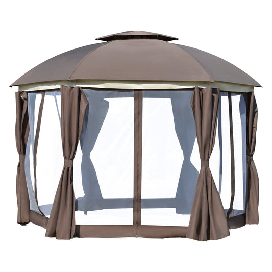 Outsunny 12' x 12' Round Outdoor Gazebo, Patio Dome Gazebo Canopy Shelter with Double Roof, Netting Sidewalls and Curtains, Zippered Doors, Strong Steel Frame, Brown