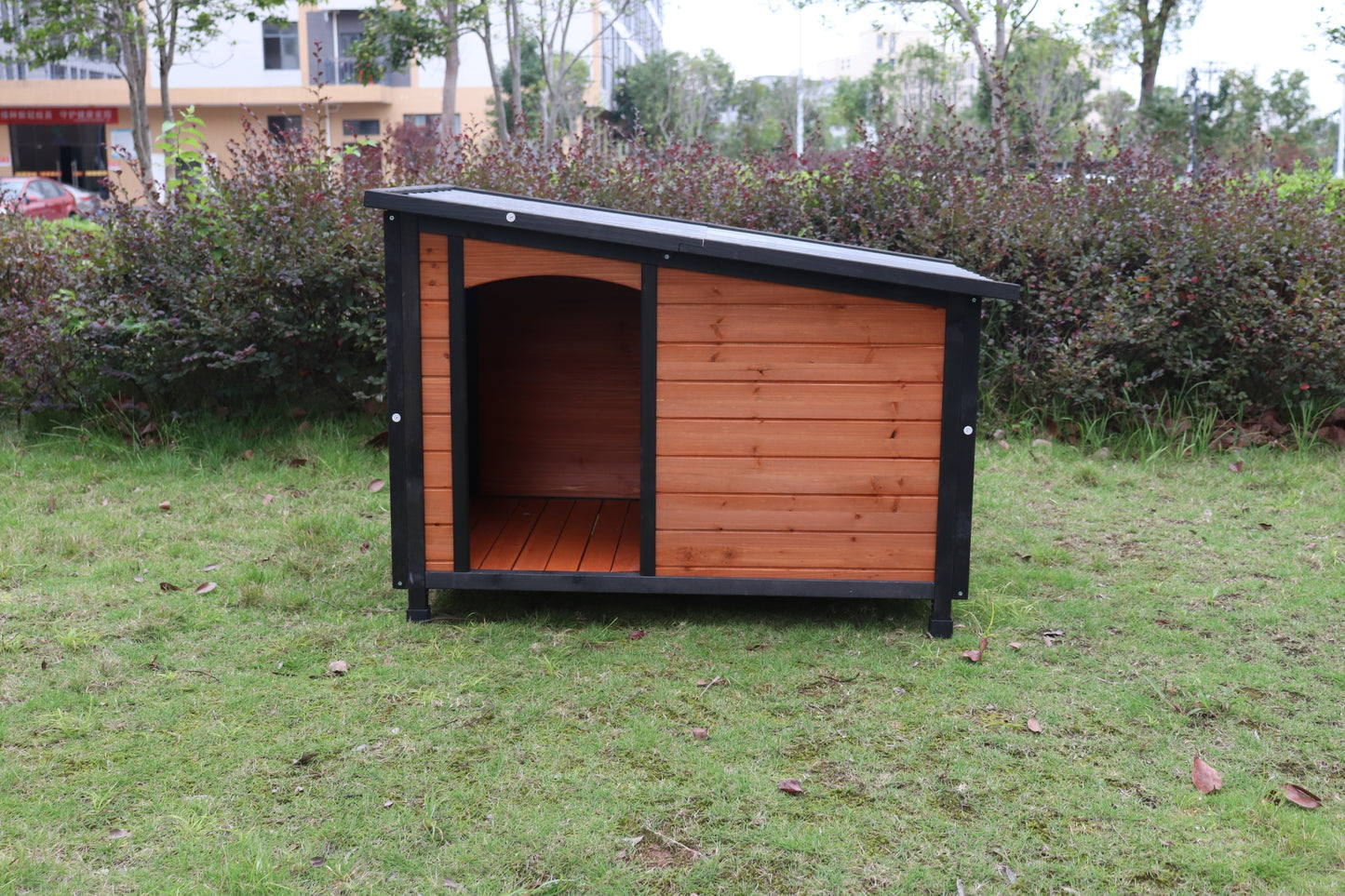 46"Dog House Outdoor & Indoor  Wooden Dog Kennel for Winter with Raised Feet Weatherproof for Large Dogs(Gold red and black)PVC waterproof roof(L)