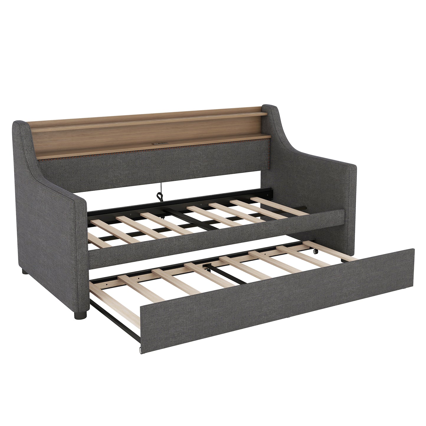 Twin Size Daybed with Trundle Bed, Upholstered Daybed with Charging Station and LED Lights, Gray