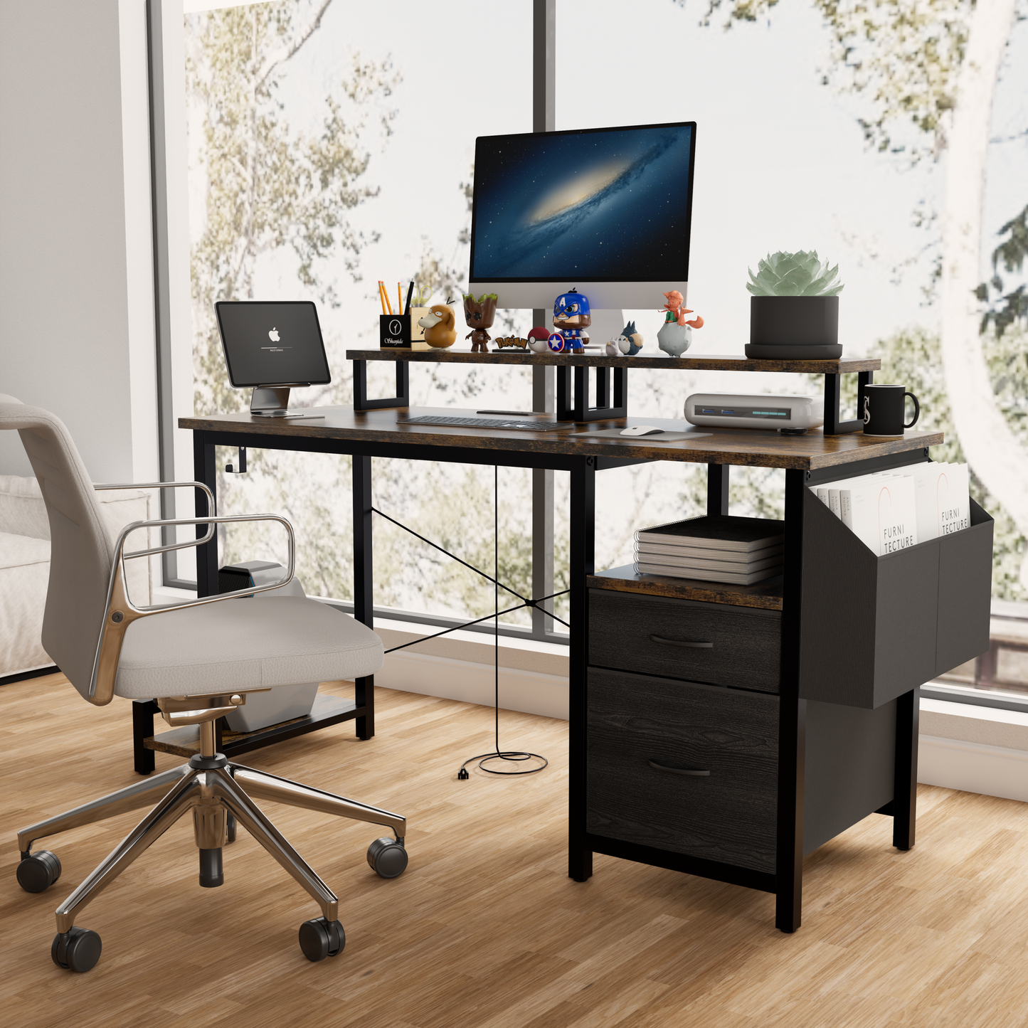 47"office desk with power outlet, 2 Monitor Stands and USB Ports,Gaming Desk with Storage Shelves,2 Fabric Drawers, Large Side Pocket,and hooks for Home Office Study, Rustic Brown