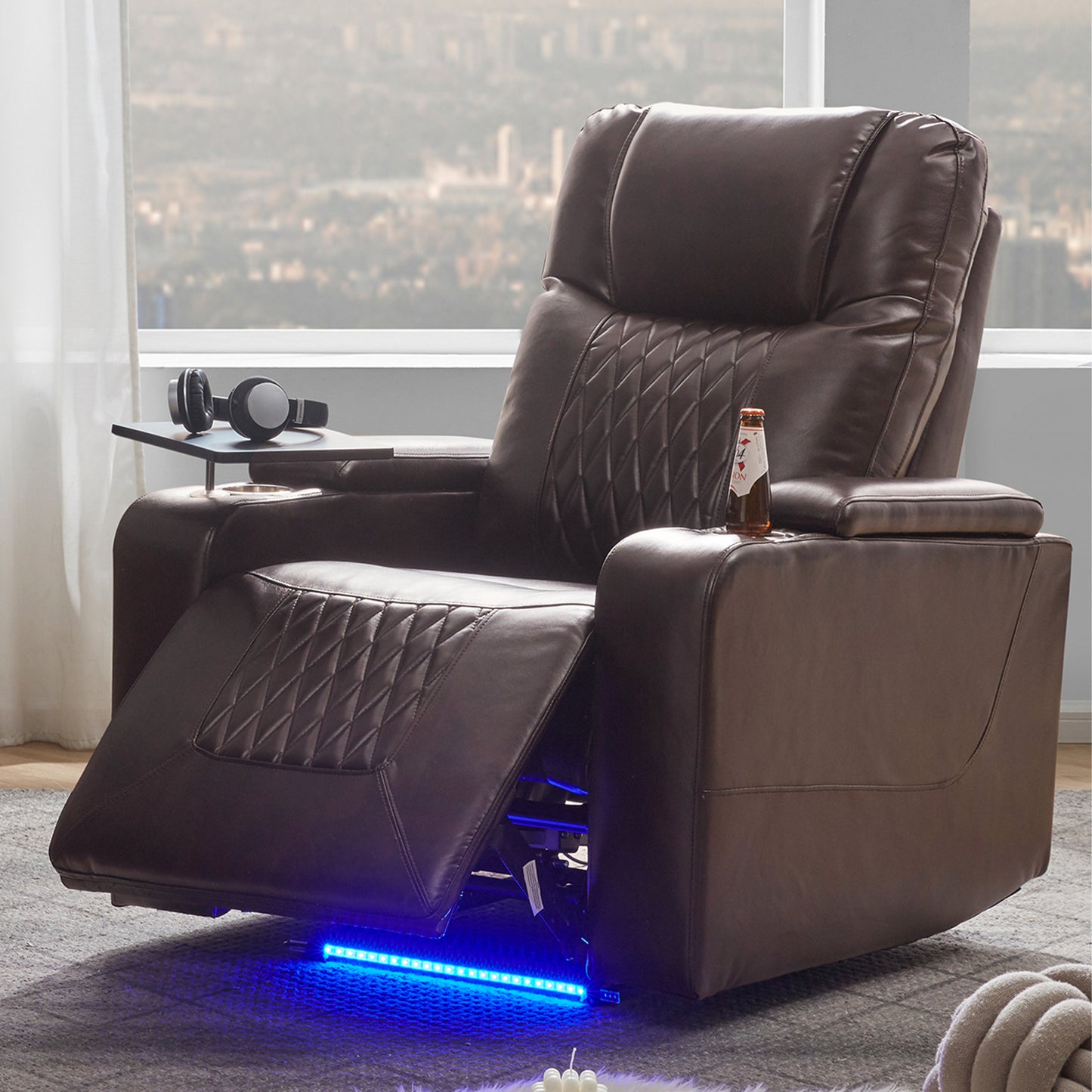 Power Motion Recliner with USB Charging Port and Hidden Arm Storage 2 Convenient Cup Holders Design and 360° Swivel Tray Table,Brown (old sku: SG000630AAD)