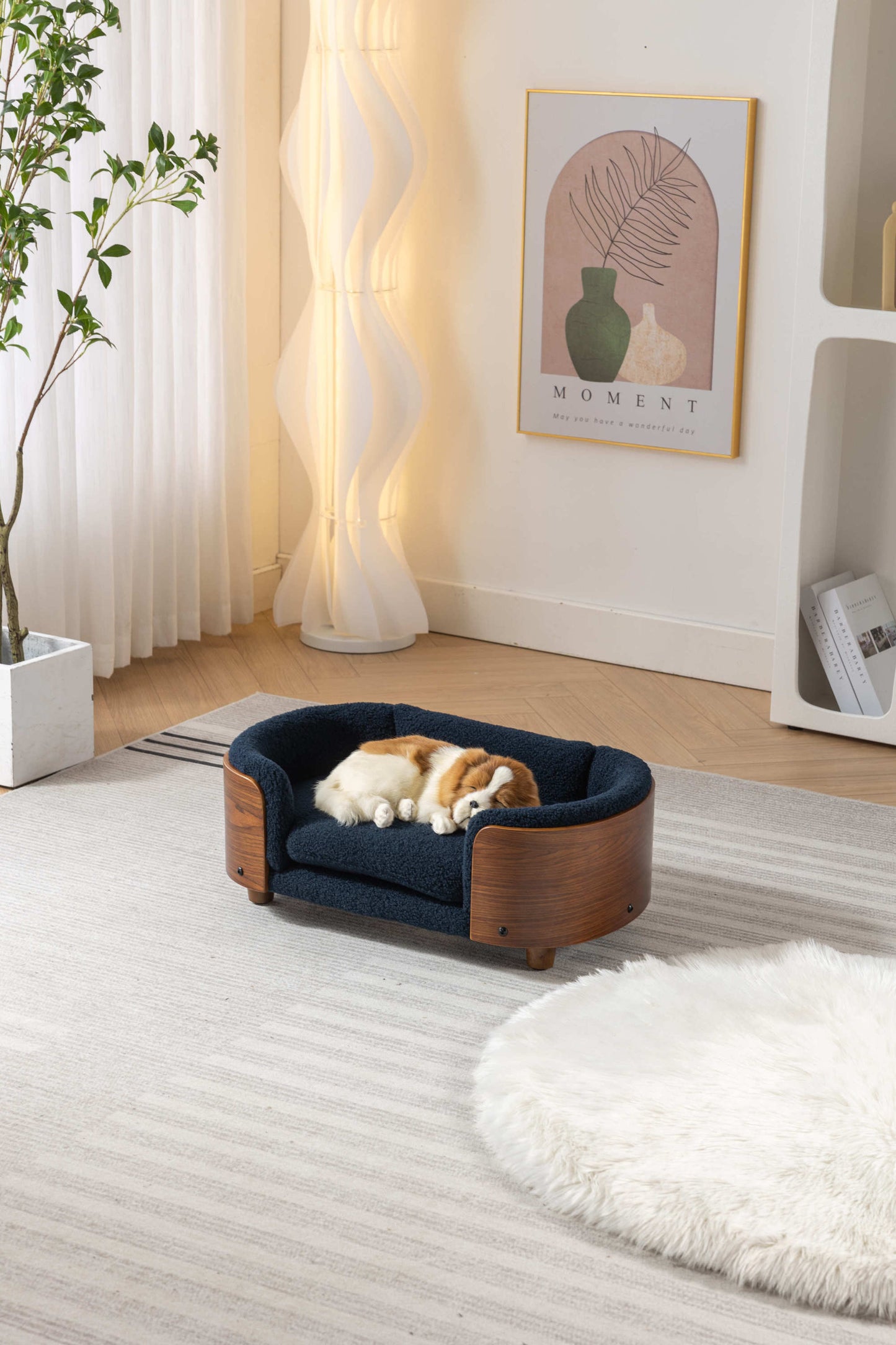 Scandinavian style Elevated Dog Bed Pet Sofa With Solid Wood legs and Walnut Bent Wood Back,  Cashmere Cushion,Small Size