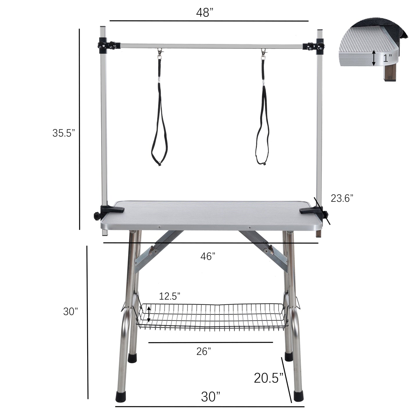 46" Folding Dog Pet Grooming Table Stainless Steel Frame Rubber Mat on Board with Adjustable Arm and Clamps pet dog Cat Grooming Table (SILVER-GRAY COLOR)