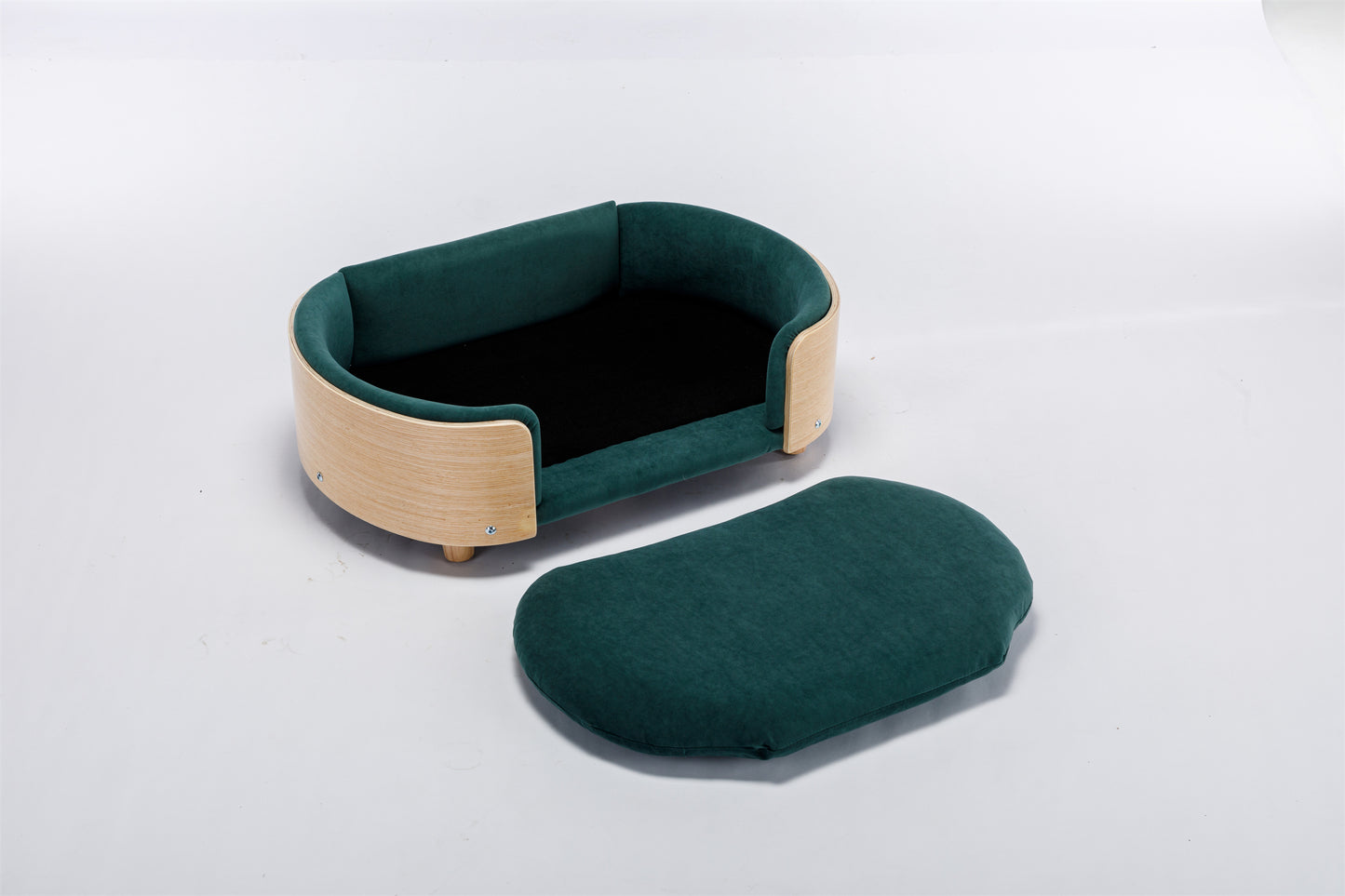 Scandinavian style Elevated Dog Bed Pet Sofa With Solid Wood legs and Bent Wood Back, Velvet Cushion,Mid Size,Dark green