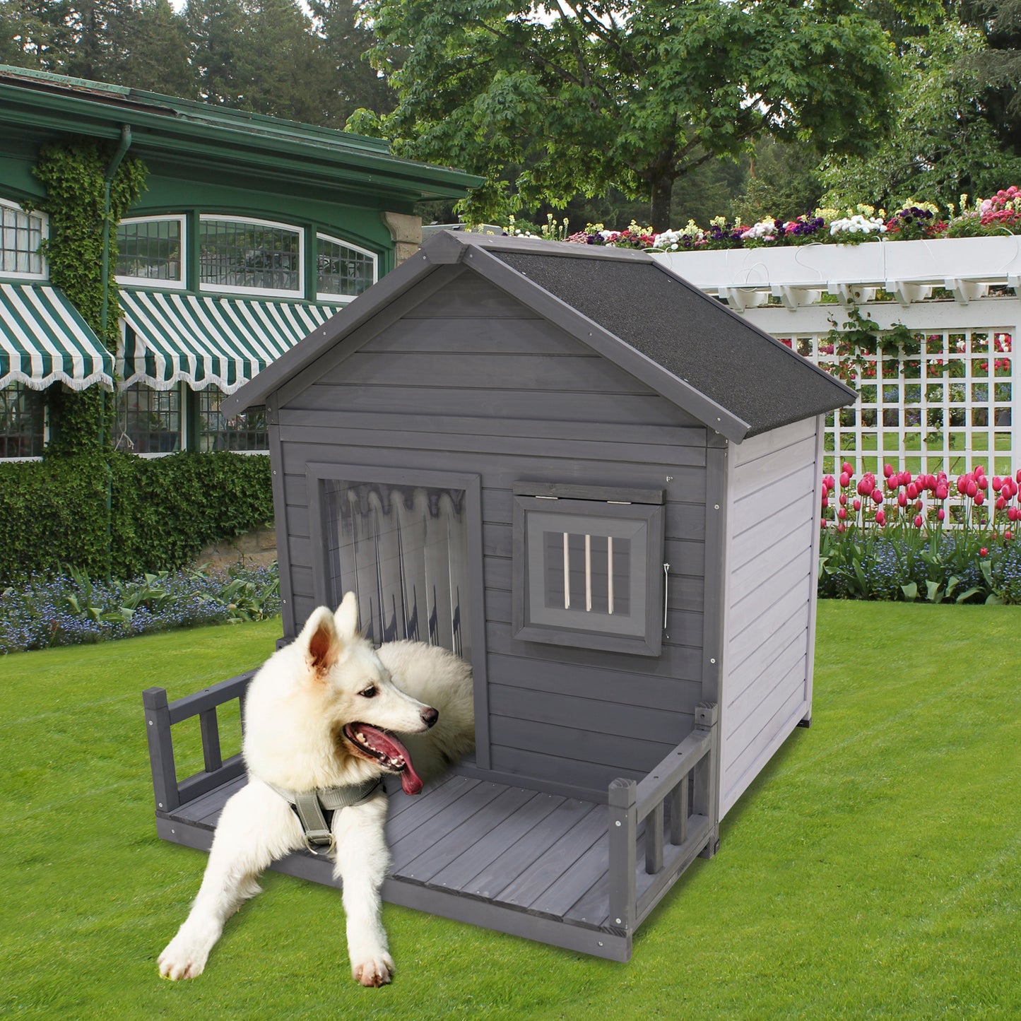 Large dog house, 44.2" long x 44.6" wide x 44.6" high solid wood asphalt roof dog house for large dogs with large terrace, weatherproof large dog house