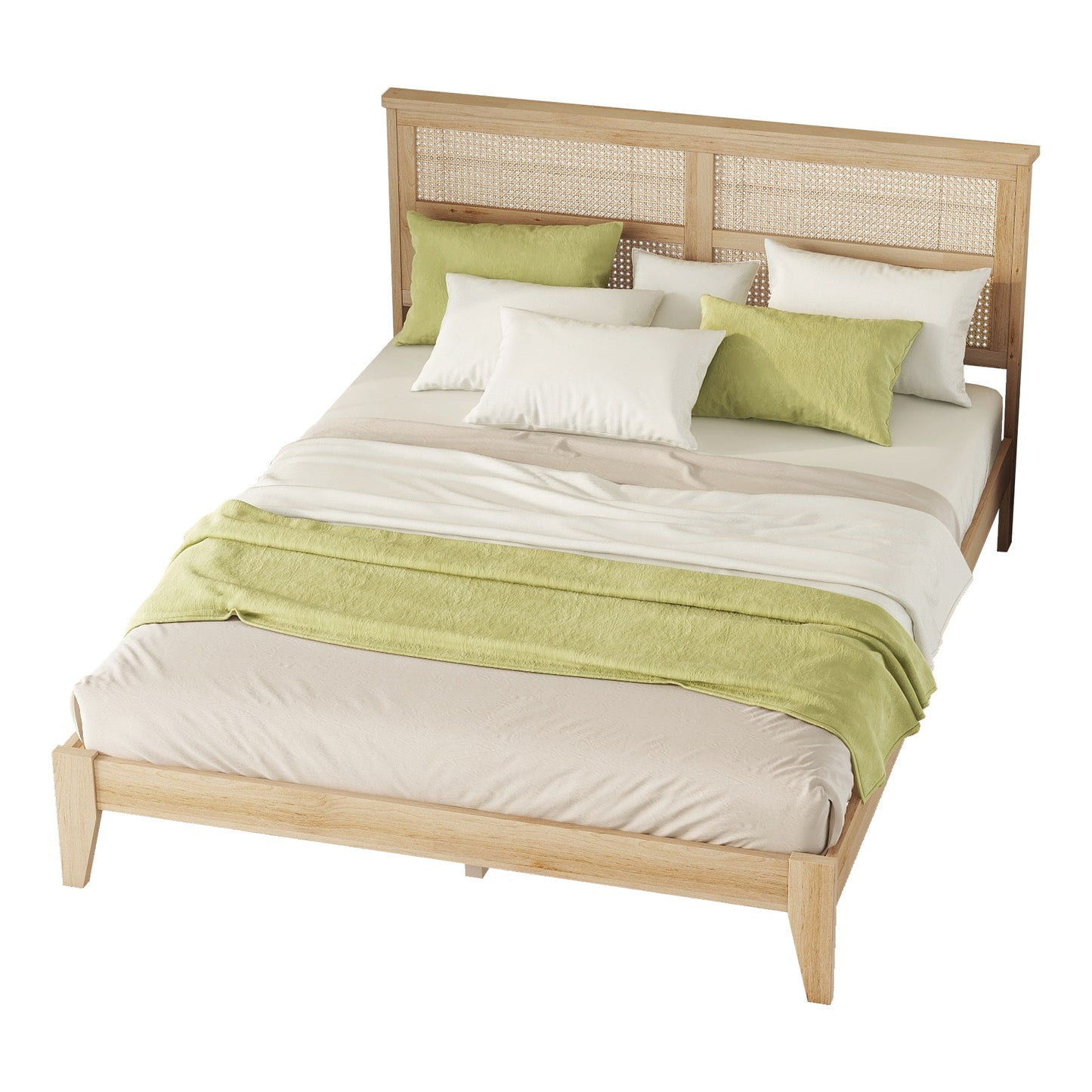 Queen Size Rubber Wooden, Solid Wooden Bed with Rattan Headboard, Enhanced by Support Feet,Oak White