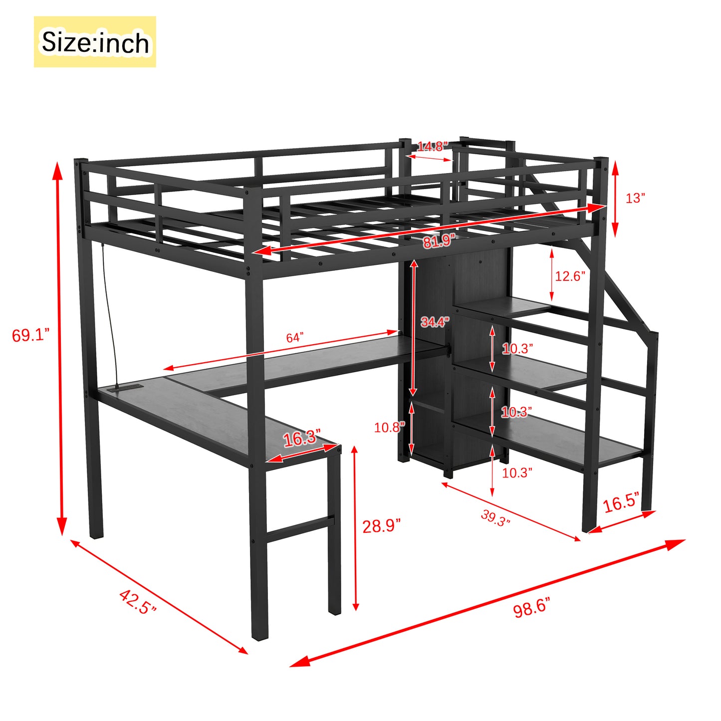 Twin XL Size Loft Bed with L-shaped Desk and USB, Metal Loft Bed with Wardrobe and Adjustable Shelf, High Loft Bed with LED for Kids Teens Adults, Black