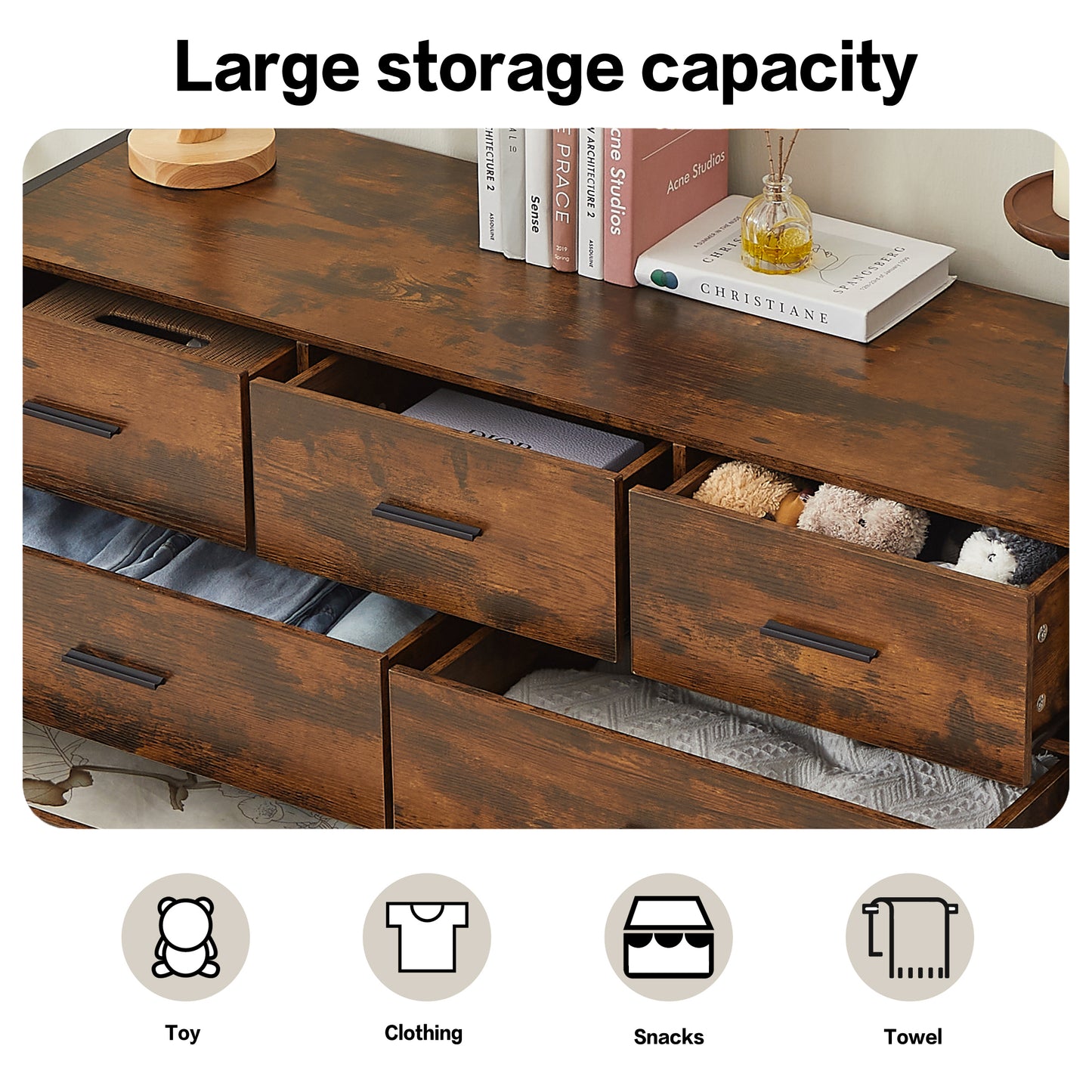 Wood Dresser with 7 Drawers, Wooden Storage Closet for Bedroom, Solid Clothes Cabinet with Sturdy Steel Frame, 48.58"W×15.75"D×31.22"H, 48 inch, Rustic Brown