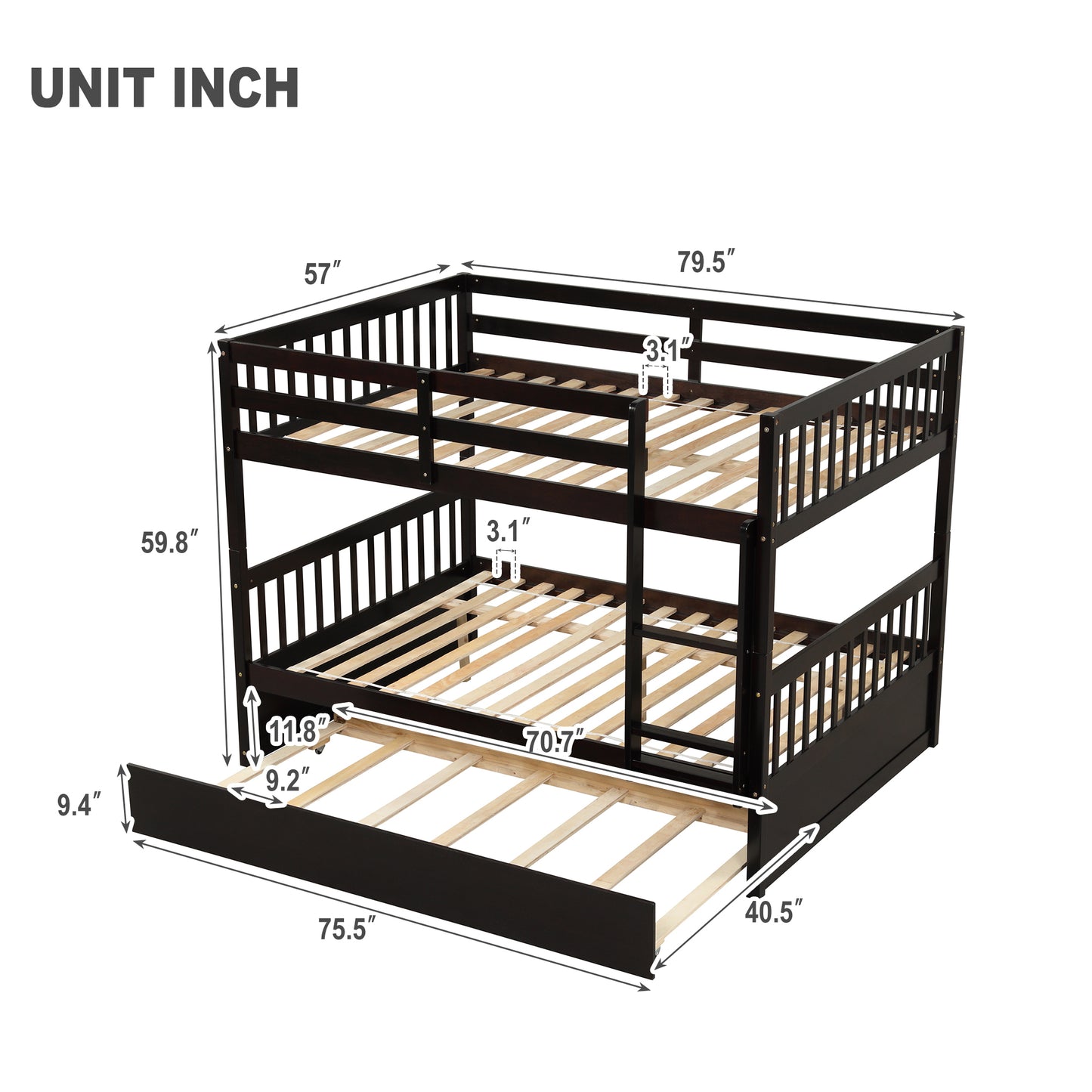 Full Over Full Bunk Bed with Trundle,Espresso