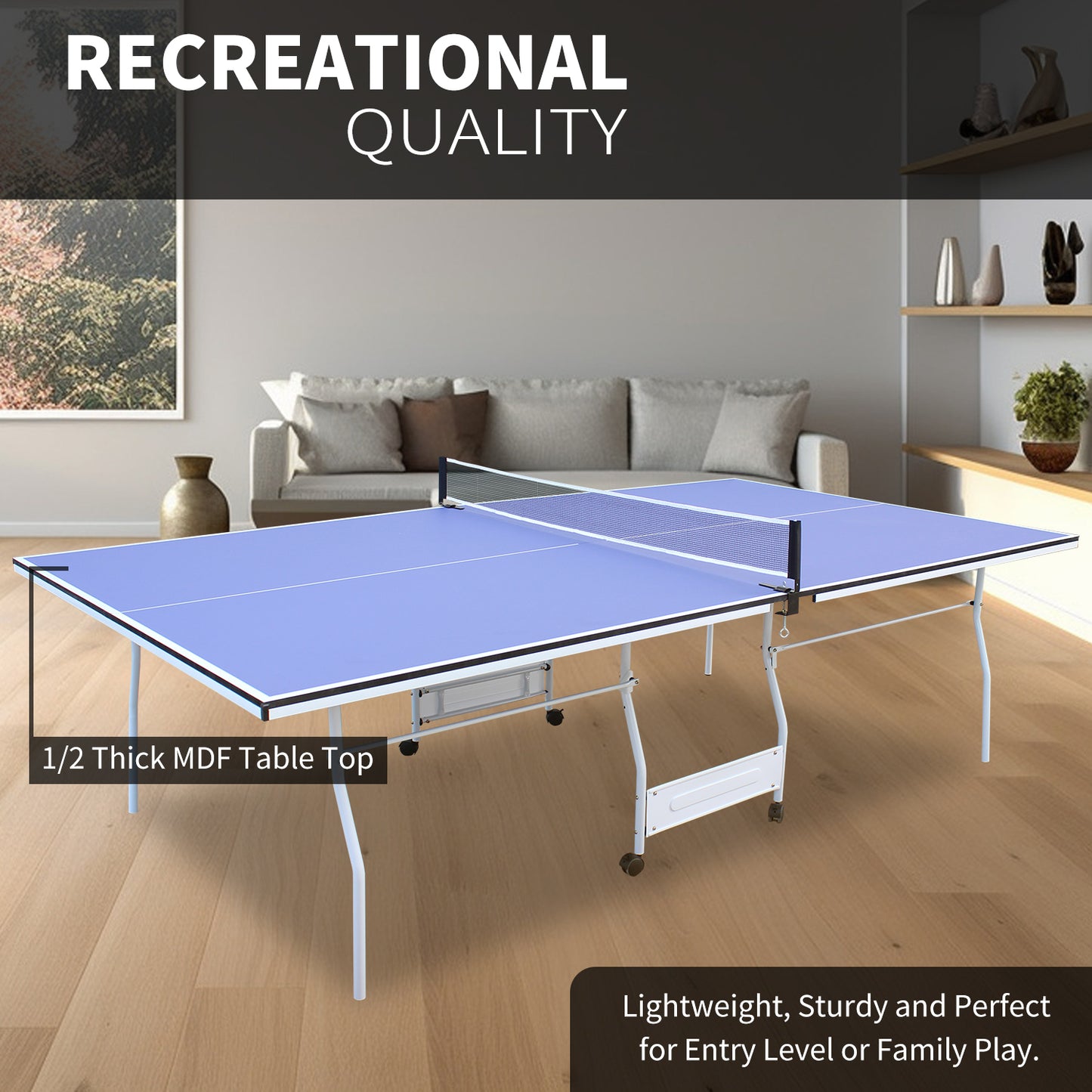 9ft Mid-Size Table Tennis Table Foldable & Portable Ping Pong Table Set for Indoor Games with Net, 2 Table Tennis Paddles and 3 Balls