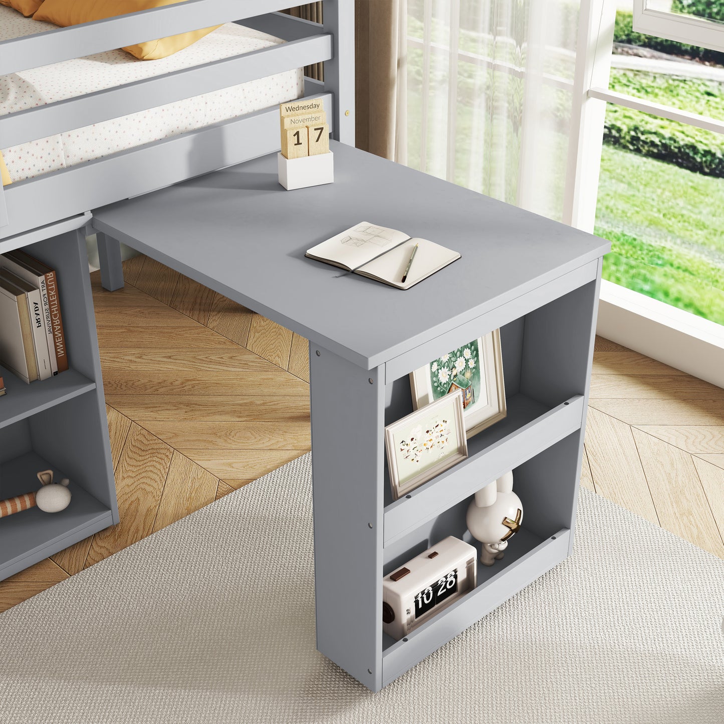 Twin Loft Bed with ,Drawer Cabinet, Shelf Cabinet and Pulling -Out Desk,Rubber Wood Loft Bed with Safety Guardrail ,Ladder,Grey