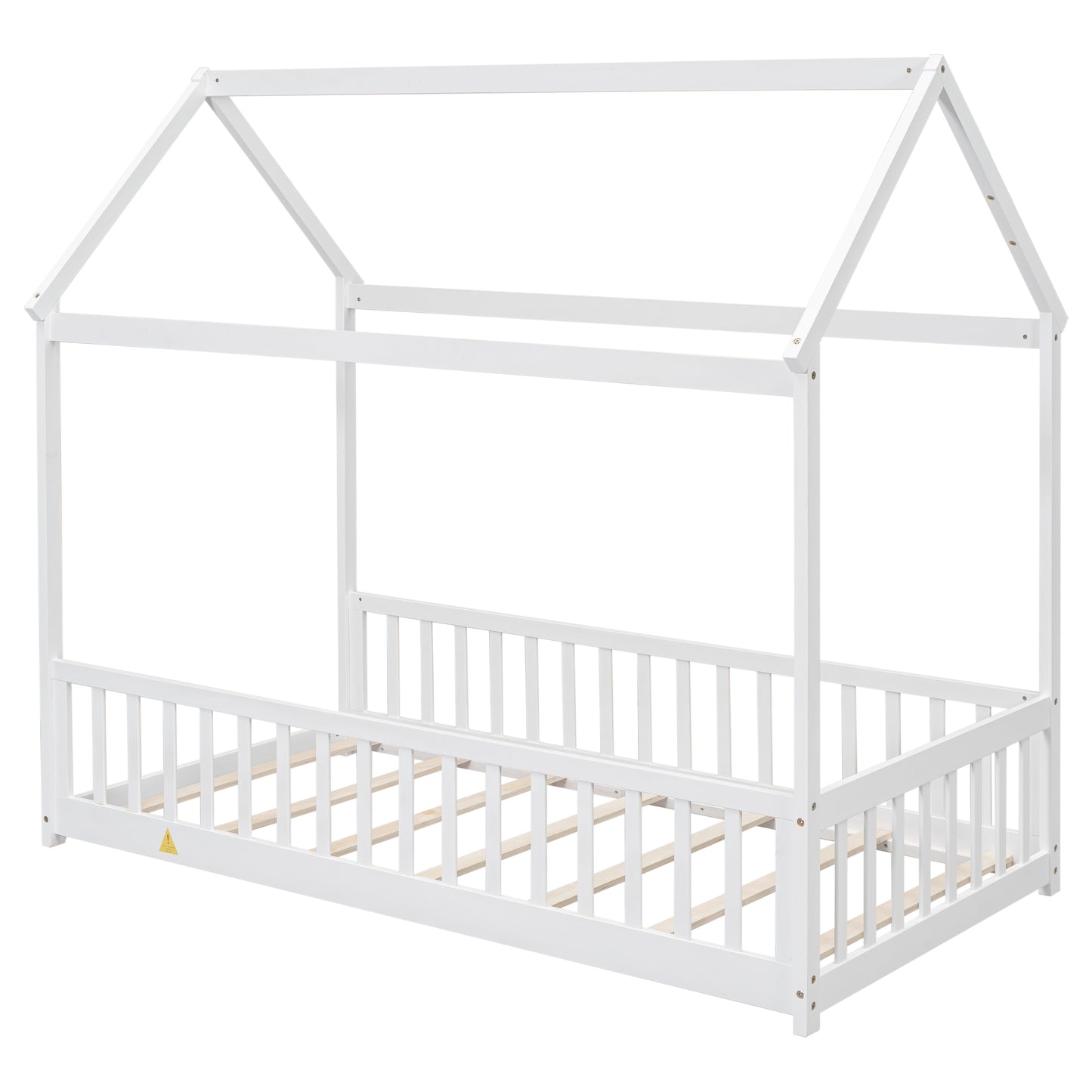 Twin House Bed with Guardrails, Slats ,White