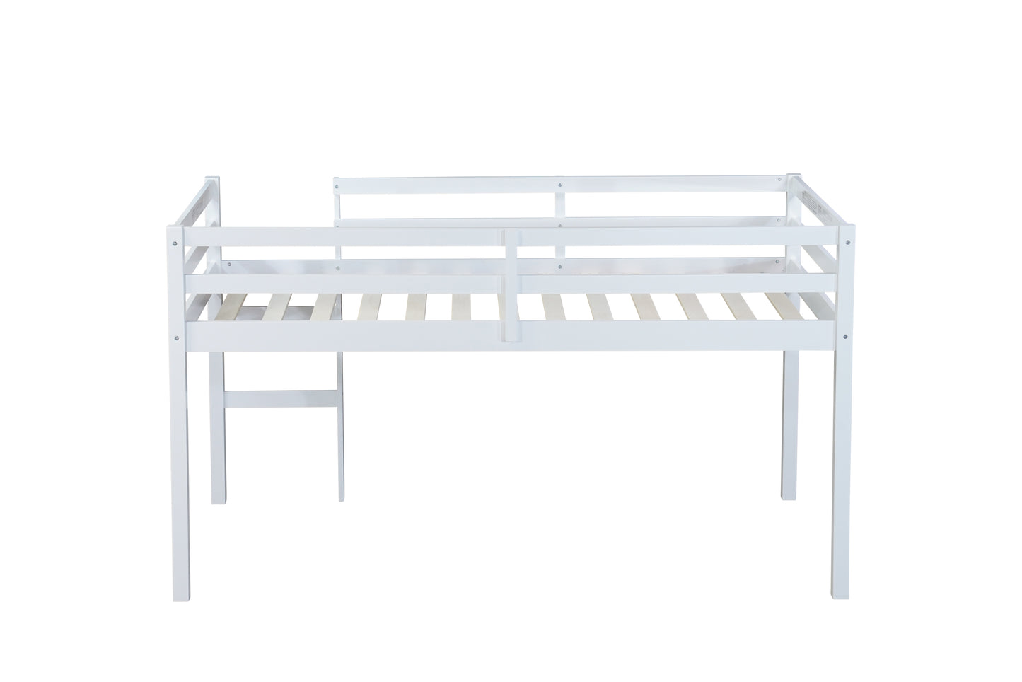 Solid Wooden, Rubber Wooden Twin Loft Bed with Ladder, Bed Platform of Strengthened Slats , White