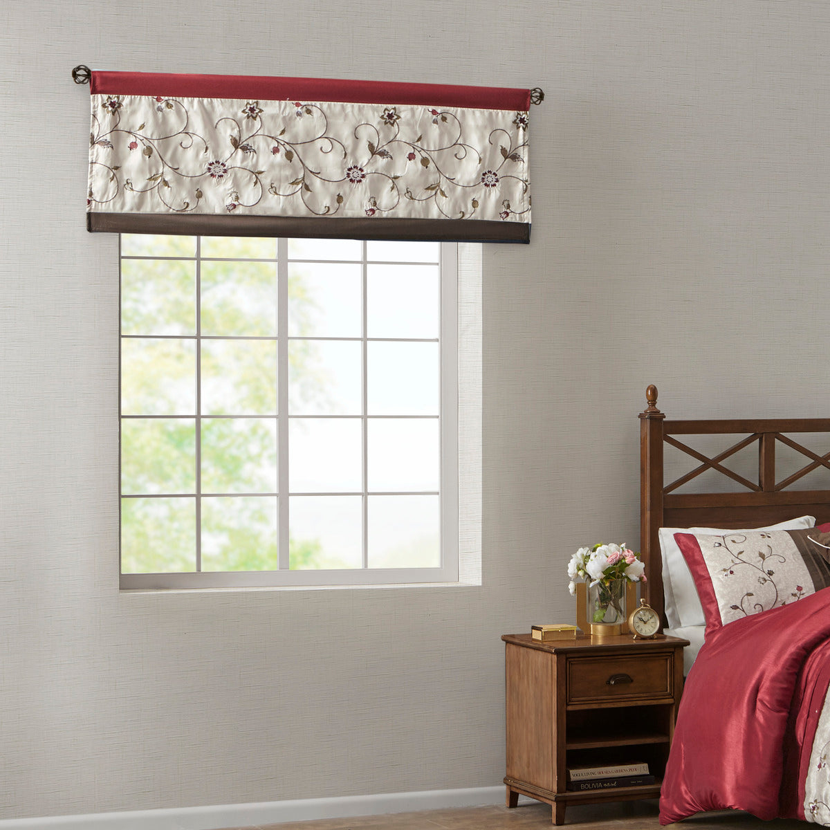 Embroidered Window Valance Red 50x18'