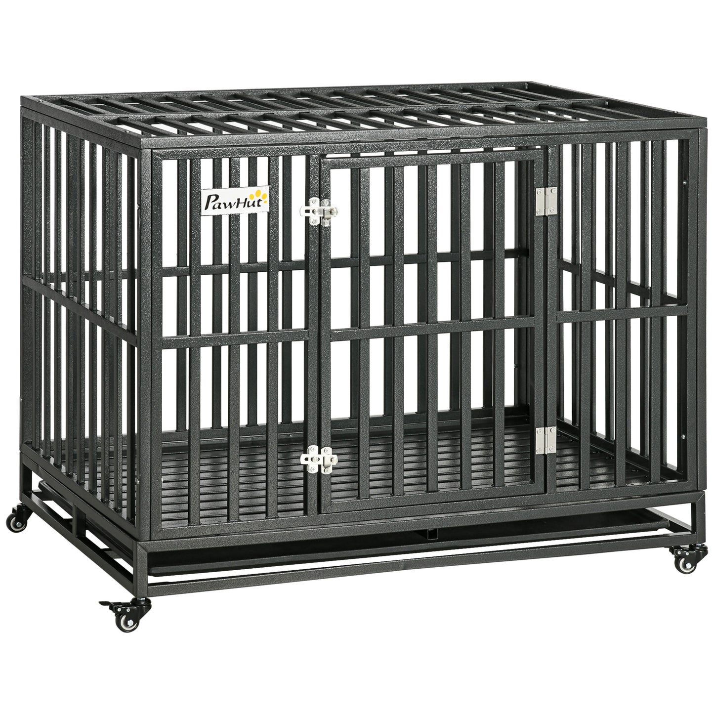 PawHut Heavy Duty Dog Crate Metal Kennel and Cage Dog Playpen with Lockable Wheels, Slide-out Tray and Anti-Pinching Floor, 45" x 29.5" x 35"