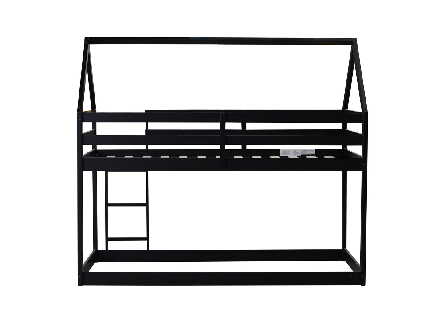 Twin over Twin Rubber Wood Floor Bunk Bed, with ladder,Guardrails,House-Shaped-Bunk Bed, Black