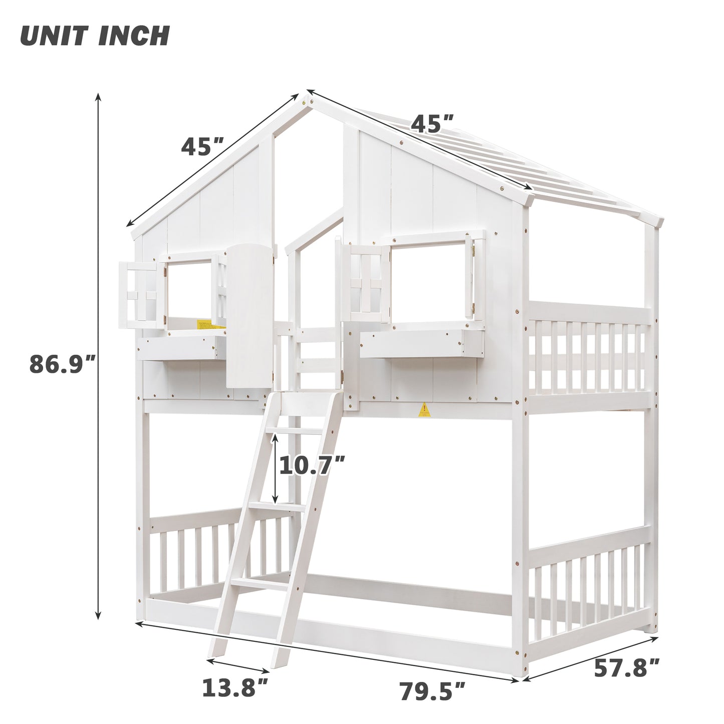 Twin over Twin House Bunk Bed with Roof , Window, Window  Box, Door , with Safety Guardrails and Ladder,White