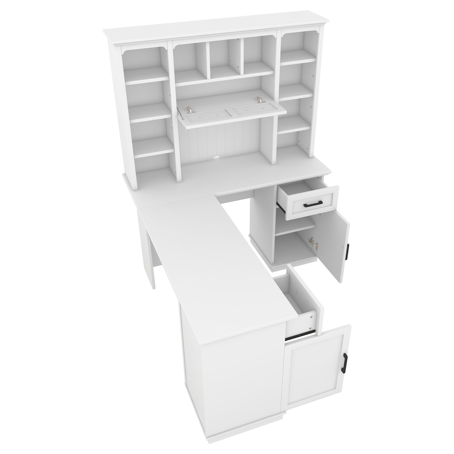 L-shaped computer desk with 2 cabinets and 2 drawers underneath the table, 11 open shelves and a flip-up shelf with storage on the right side, suitable for study, living room and office, White