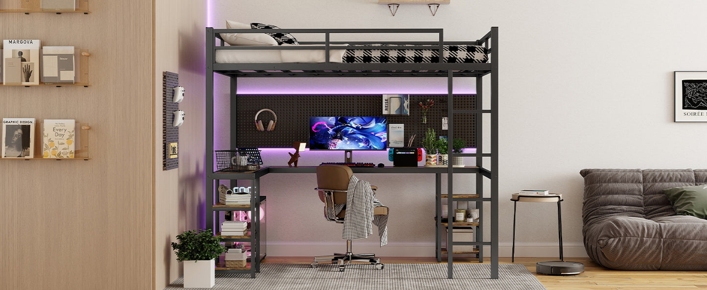 Full XL Metal Loft Bed with Desk and Shelves, Loft Bed with Ladder and Guardrails, Loft Bed Frame for Bedroom, Black