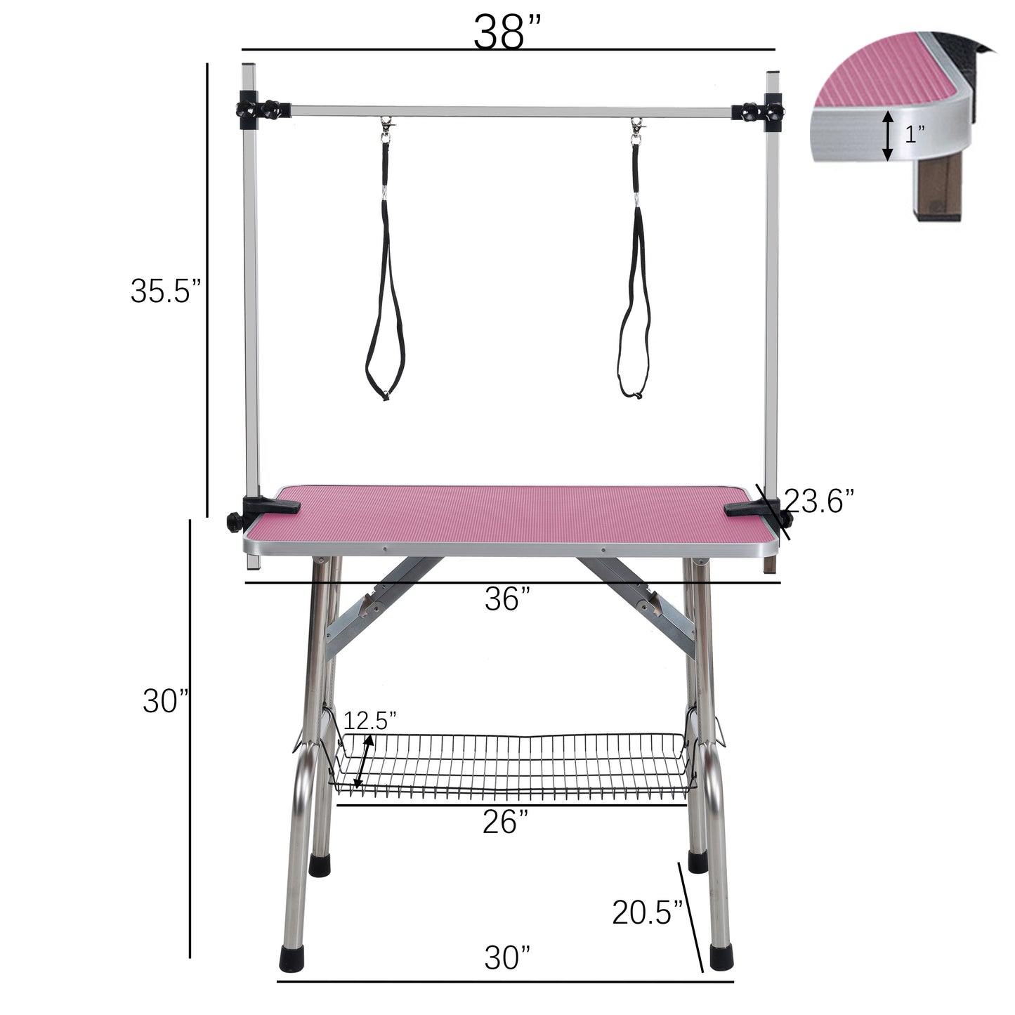 36" Folding Dog Pet Grooming Table Stainless Steel Frame Rubber Mat on Board with Adjustable Arm and Clamps pet dog Cat Grooming Table (PINK COLOR)