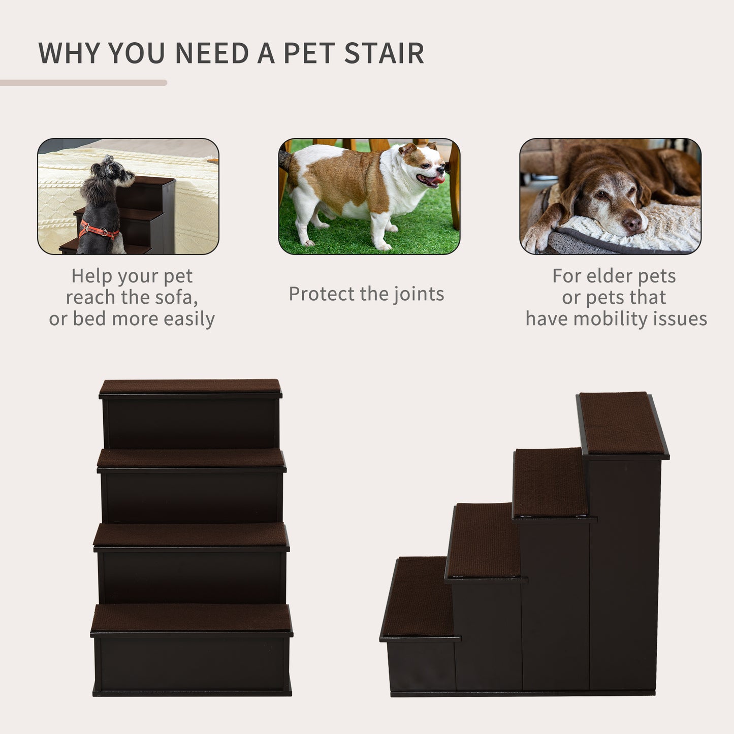 PawHut Pet Stairs, Small Pet Steps with Cushioned Removable Covering for Dogs and Cats Up To 22 Lbs., Brown