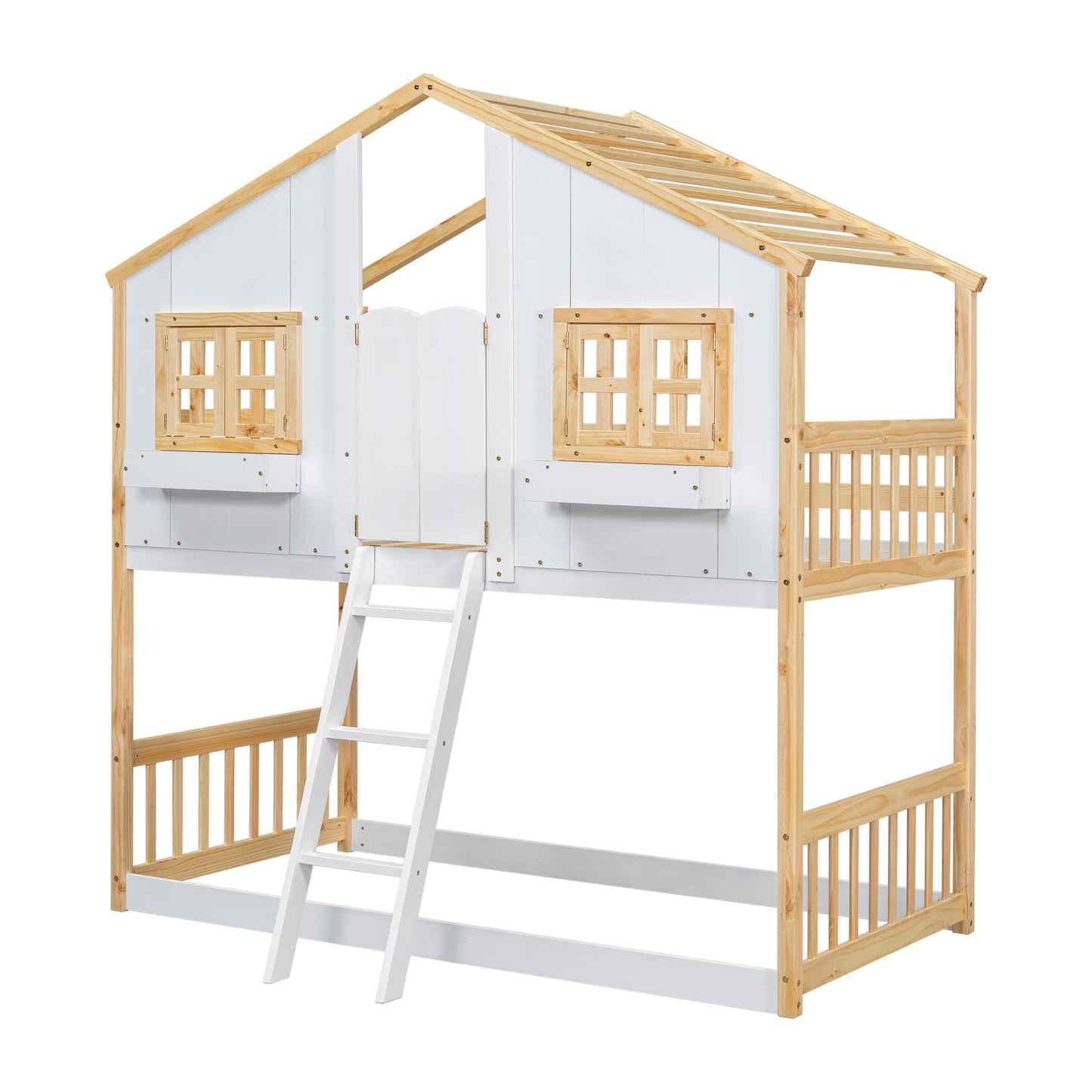 Twin over Twin House Bunk Bed with Roof , Window, Window  Box, Door , with Safety Guardrails and Ladder, Natural/White