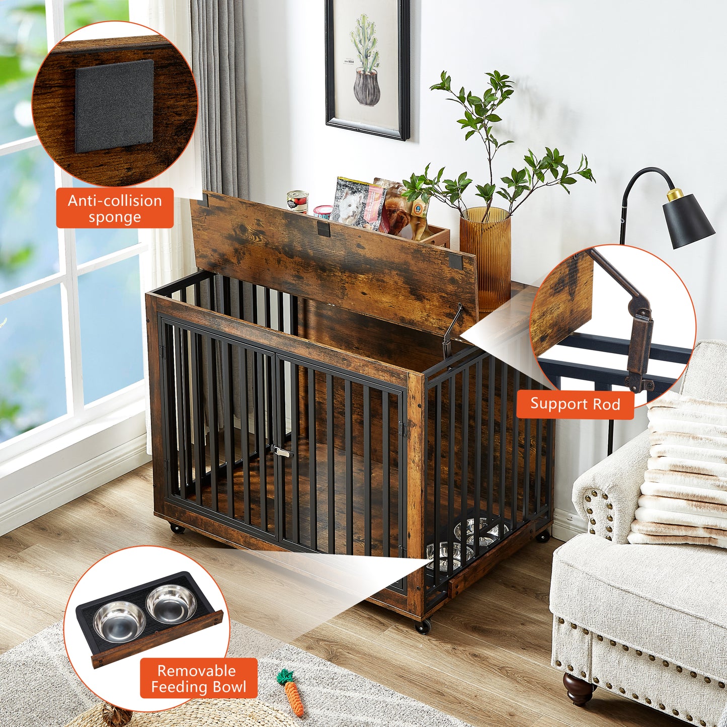 Furniture Style Dog Crate Side Table With Feeding Bowl, Wheels, Three Doors, Flip-Up Top Opening. Indoor, Rustic Brown, 43.7"W x 30"D x 33.7"H