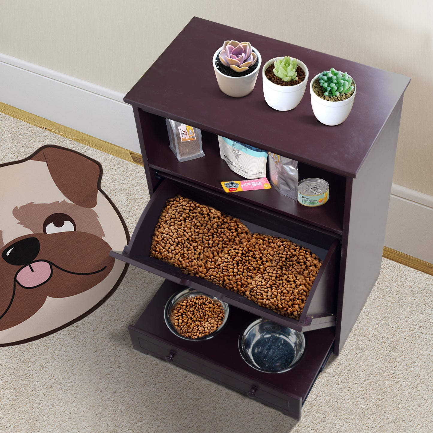 Pet Feeder Station with Storage,Made of MDF and Waterproof Painted,Dog and Cat Feeder Cabinet with Stainless Bowl