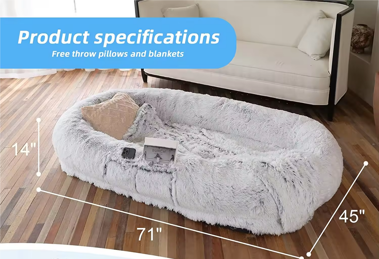 Human Dog Bed, 71''x40''x12'' Size Fits You and Pets, Washable Faux Fur Dog Bed for People Doze Off, Napping Orthopedic Dog Bed (GREY) Xmas Christmas Gift