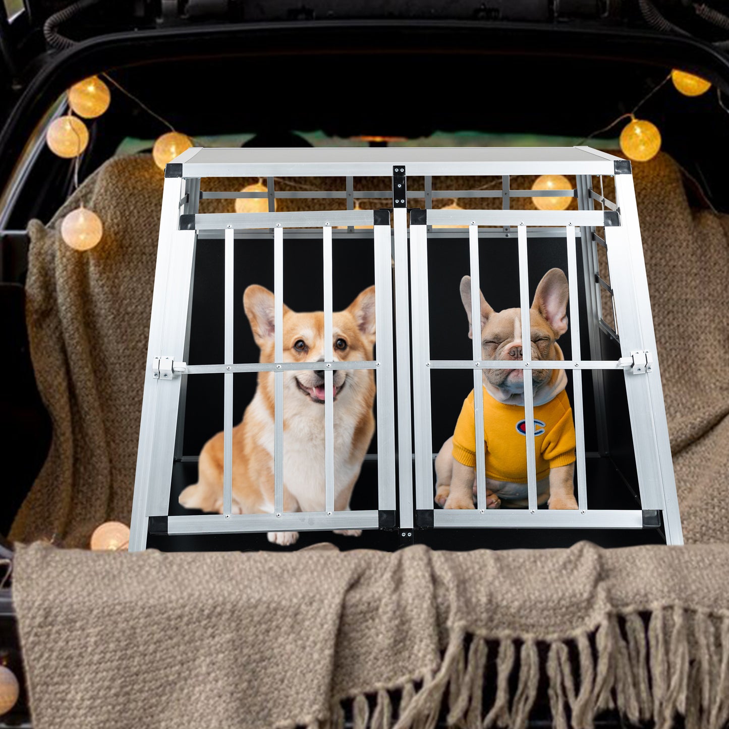 Double Doors Pet Car Transport Cage Aluminium Puppy Travel Crate Box Trapezoidal Kennel Dog Cat Carrier Cage