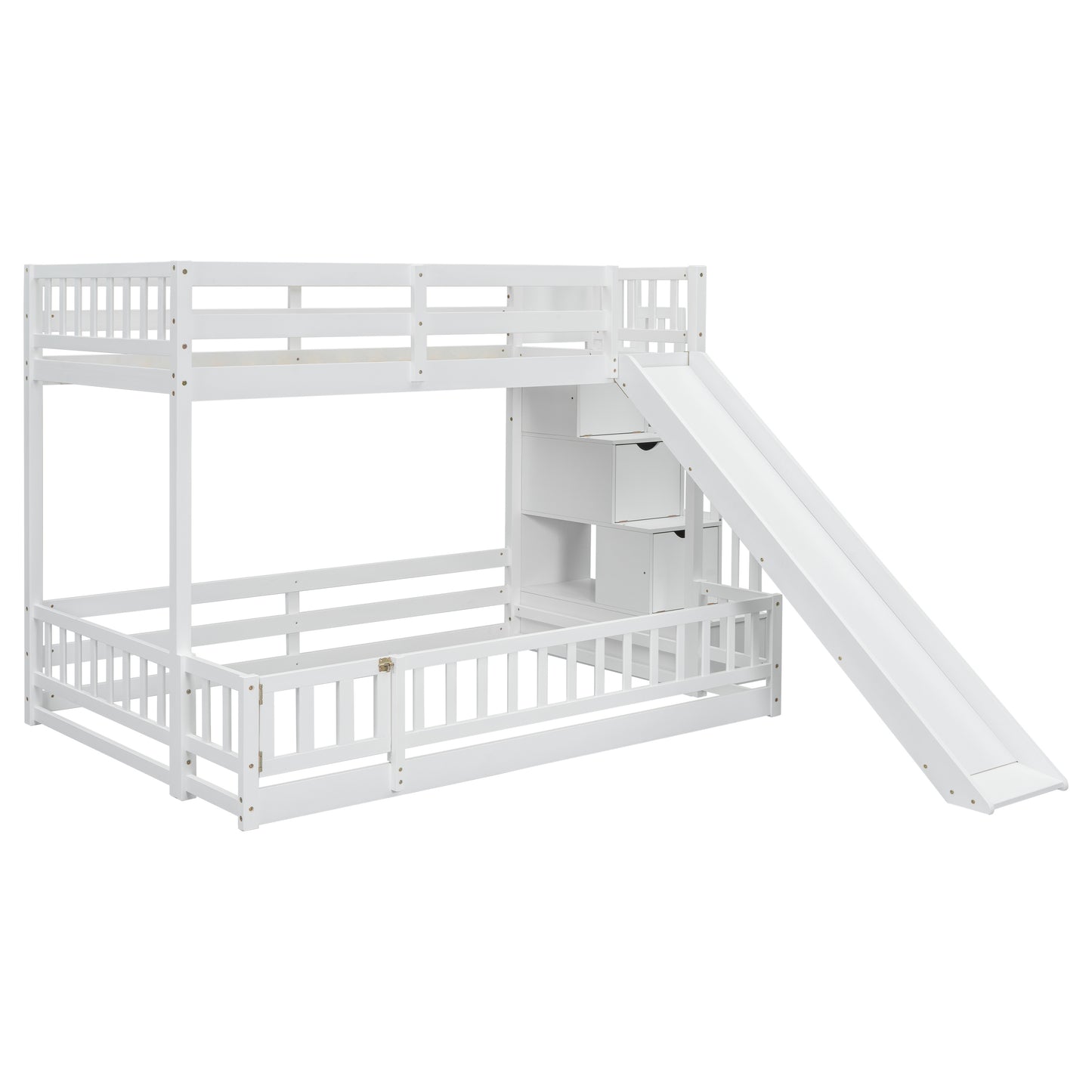 Twin Over Full Bunk Bed with Slide, Storage Staircase, Pine Solid Wooden Bunk Bed with Safety Guardrails,White