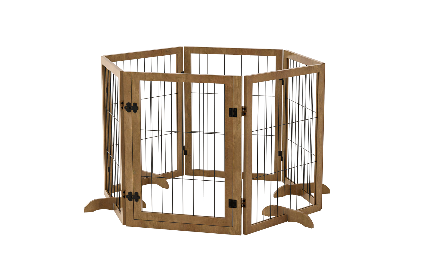 Dog Gate with Door Pet Dog Fence Barrier 6 Panels 144-inch Wide 32-inch Tall Foldable Multiple Shapes Freestanding with Support Feet Indoor Use for House Doorway Stairs Plant Stand