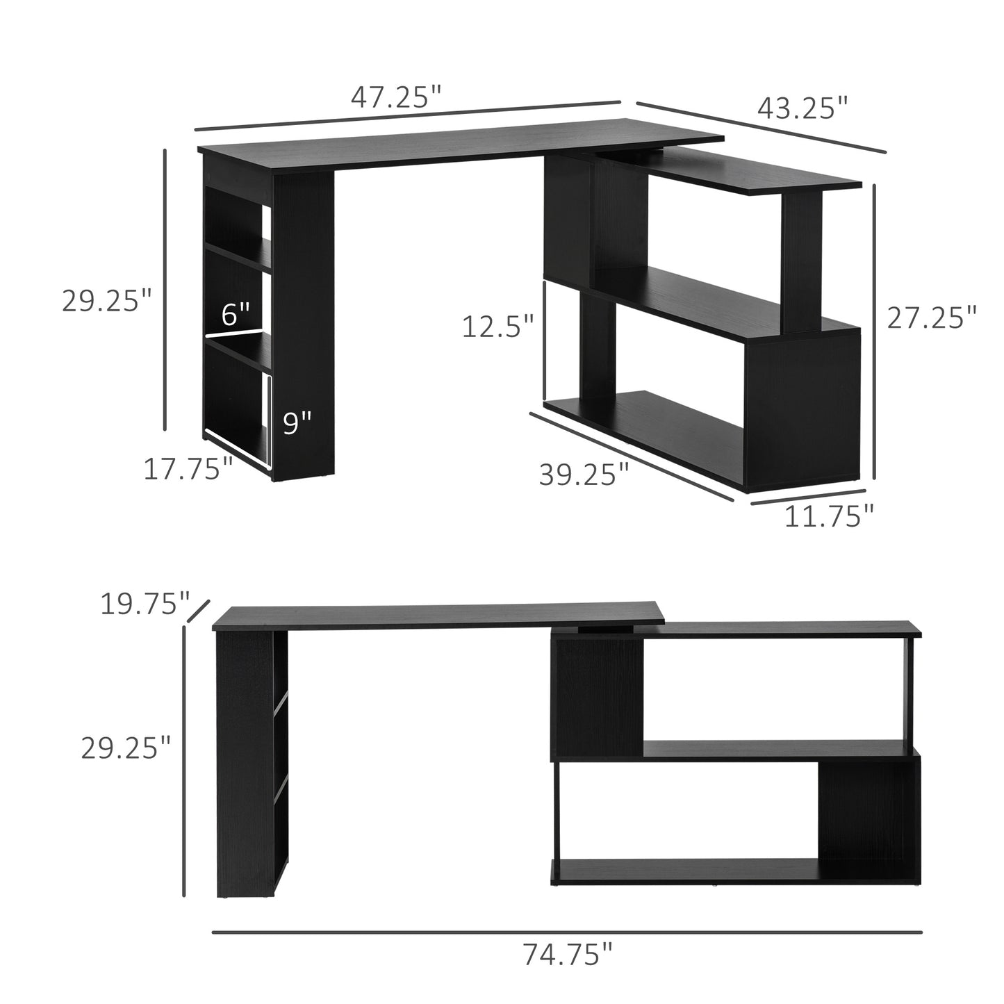 HOMCOM L Shaped Corner Desk, 360 Degree Rotating Home Office Desk with Storage Shelves, Writing Table Workstation, Black