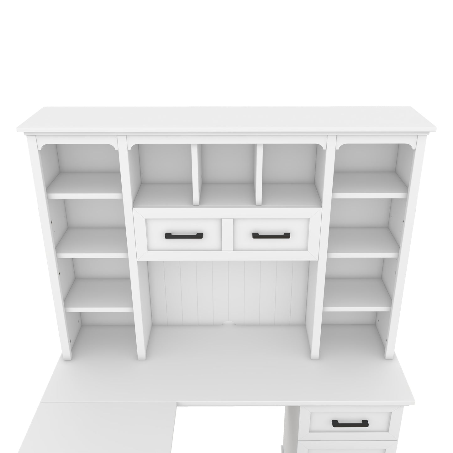 L-shaped computer desk with 2 cabinets and 2 drawers underneath the table, 11 open shelves and a flip-up shelf with storage on the right side, suitable for study, living room and office, White