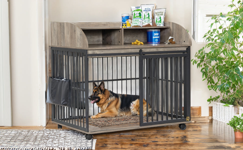 GO 44'' Heavy Duty Large Dog Crate Furniture for Large Medium Dog with Lockable Wheels, Wooden Dog Crate Dog Kennel, End Table Crate with Double layer storage, Gray