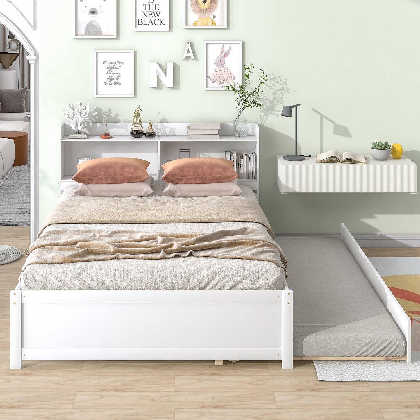 Full Bed with Trundle,Bookcase,White