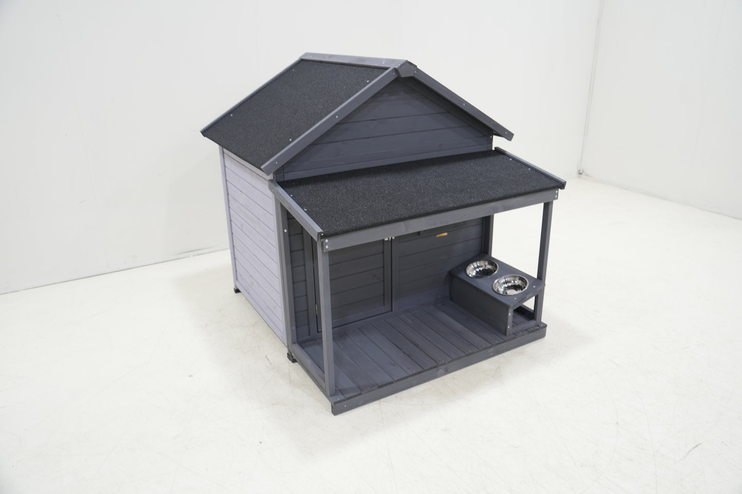 Large dog house, long 44.2" x wide 44.6" x high 44.6" Solid wood asphalt roof dog house with large terrace for large dogs, weatherproof large dog house (improved),Small wooden doors that can be locked