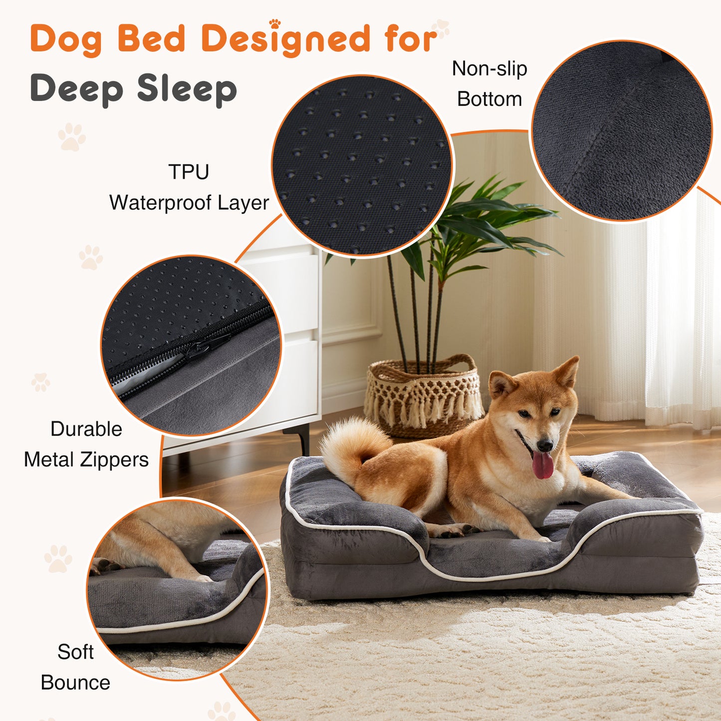 Memory Foam Pet Bed for Small Dogs & Cats with Washable Removable Cover Non-Slip Base Waterproof Liner Egg Crate Foam for Improved Sleep, grey,extra large