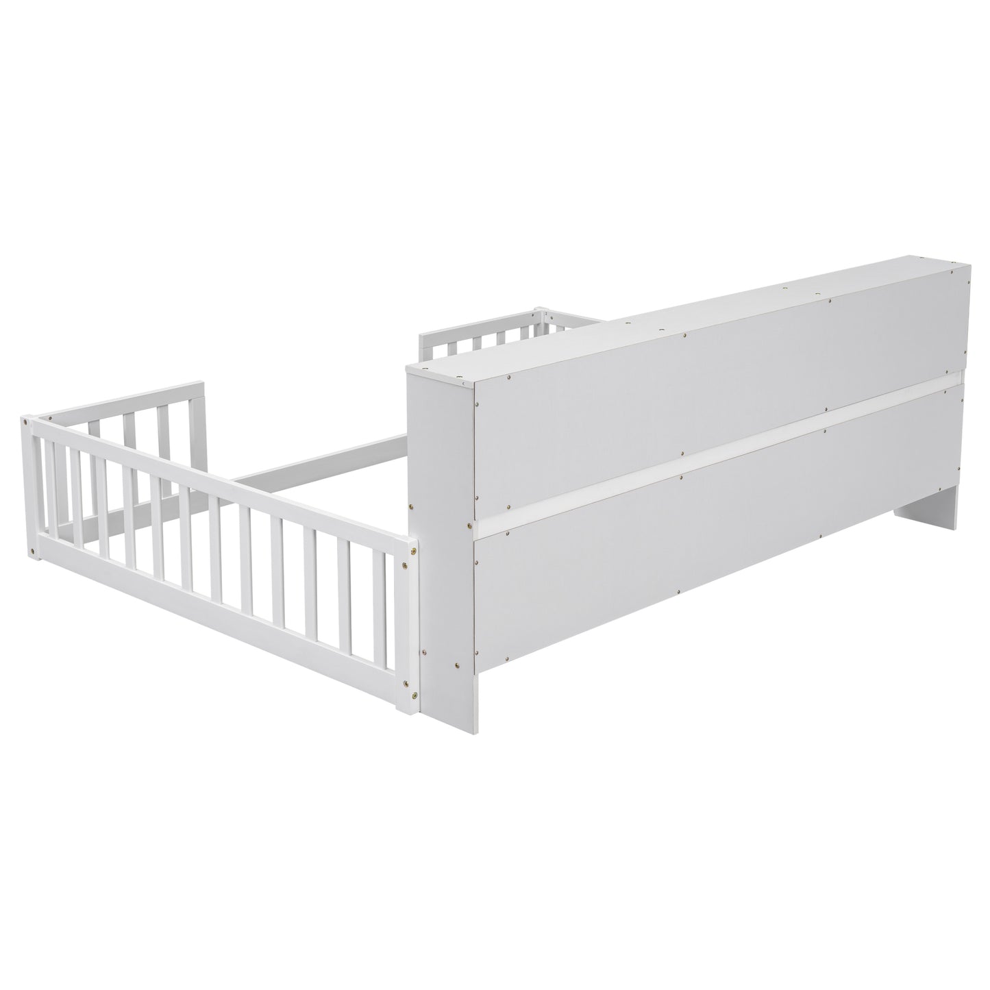 Full Floor Bed with Side Bookcase,Shelves,Guardrails,White