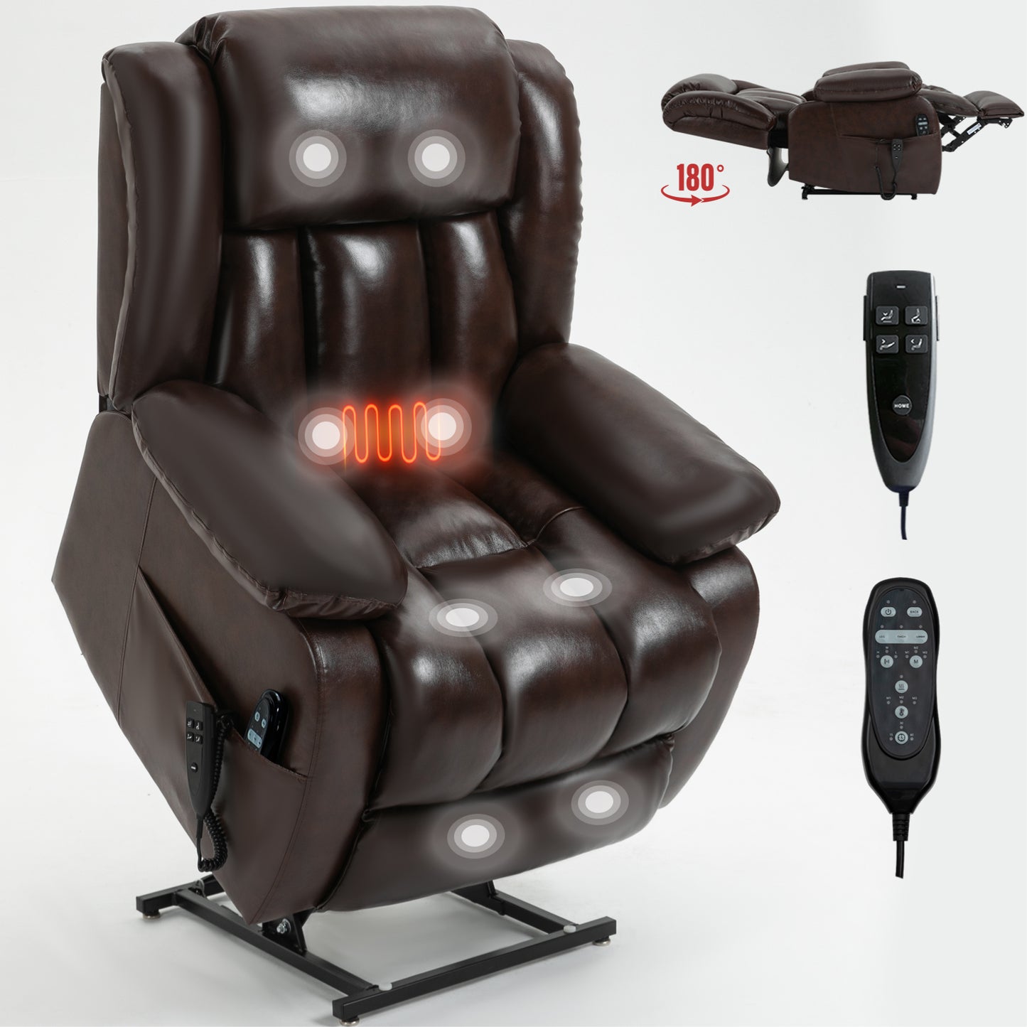 Dual Motor Infinite Position Up to 350 LBS Electric Medium size Genuine Leather Brown Power Lift Recliner Chair with 8-Point Vibration Massage and Lumbar Heating