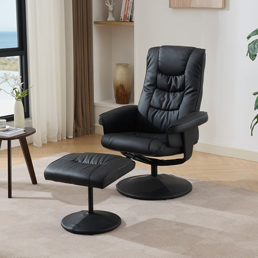 015-PU Leather Massage Reclining Chair with Ottoman, 360° Swivel Stressless Recliner with 5 Point Vibration Massage, Seat Heating and 140° Adjustable Backrest for Home or Office, Black