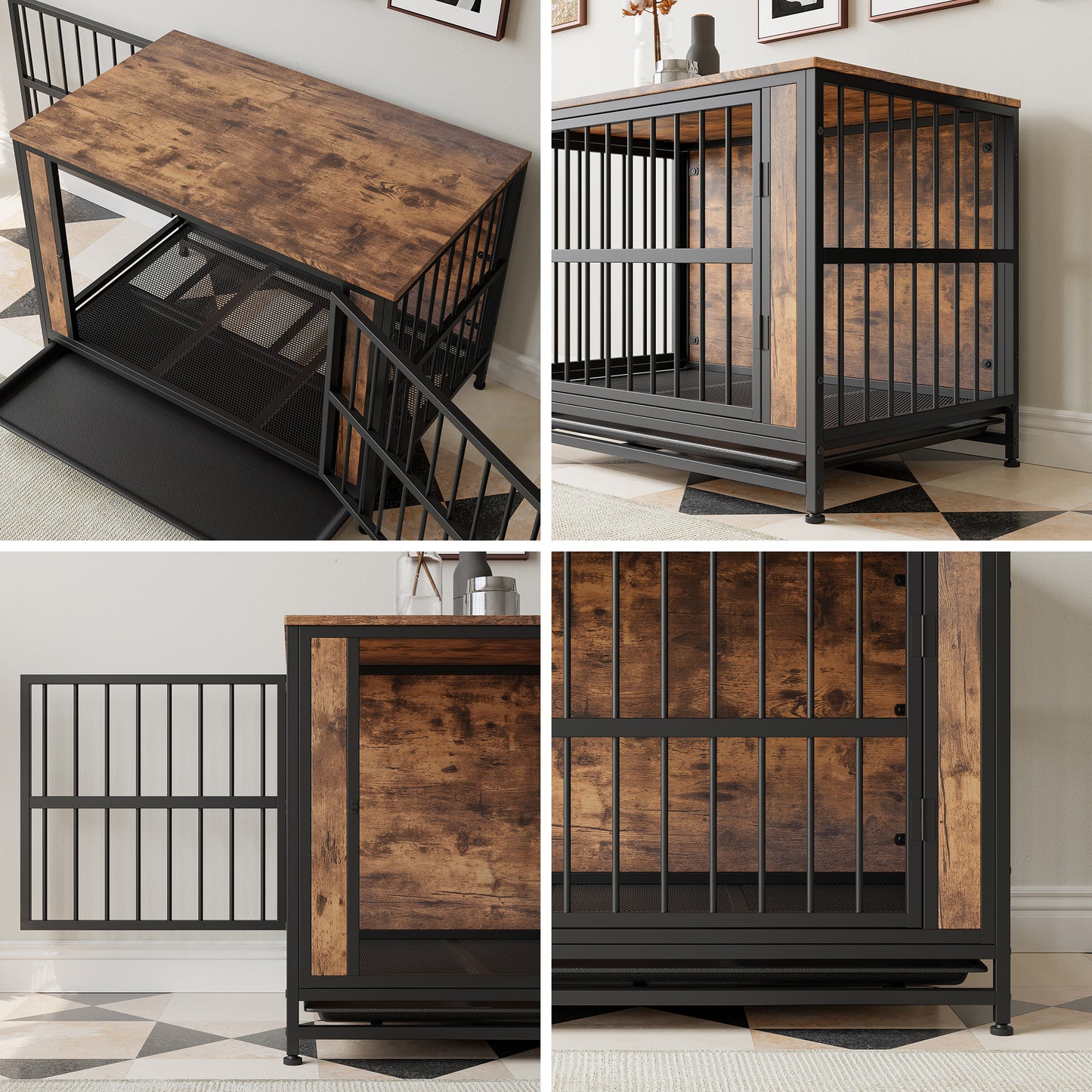 Dog Crate Furniture,  Wooden Dog Crate Table, 38.9" Dog Kennel with 2 Sliding Doors and Thick Iron Door Frame, Decorative Pet Crate House for Large/Medium/Small Dog Indoor Use(Rustic Brown)