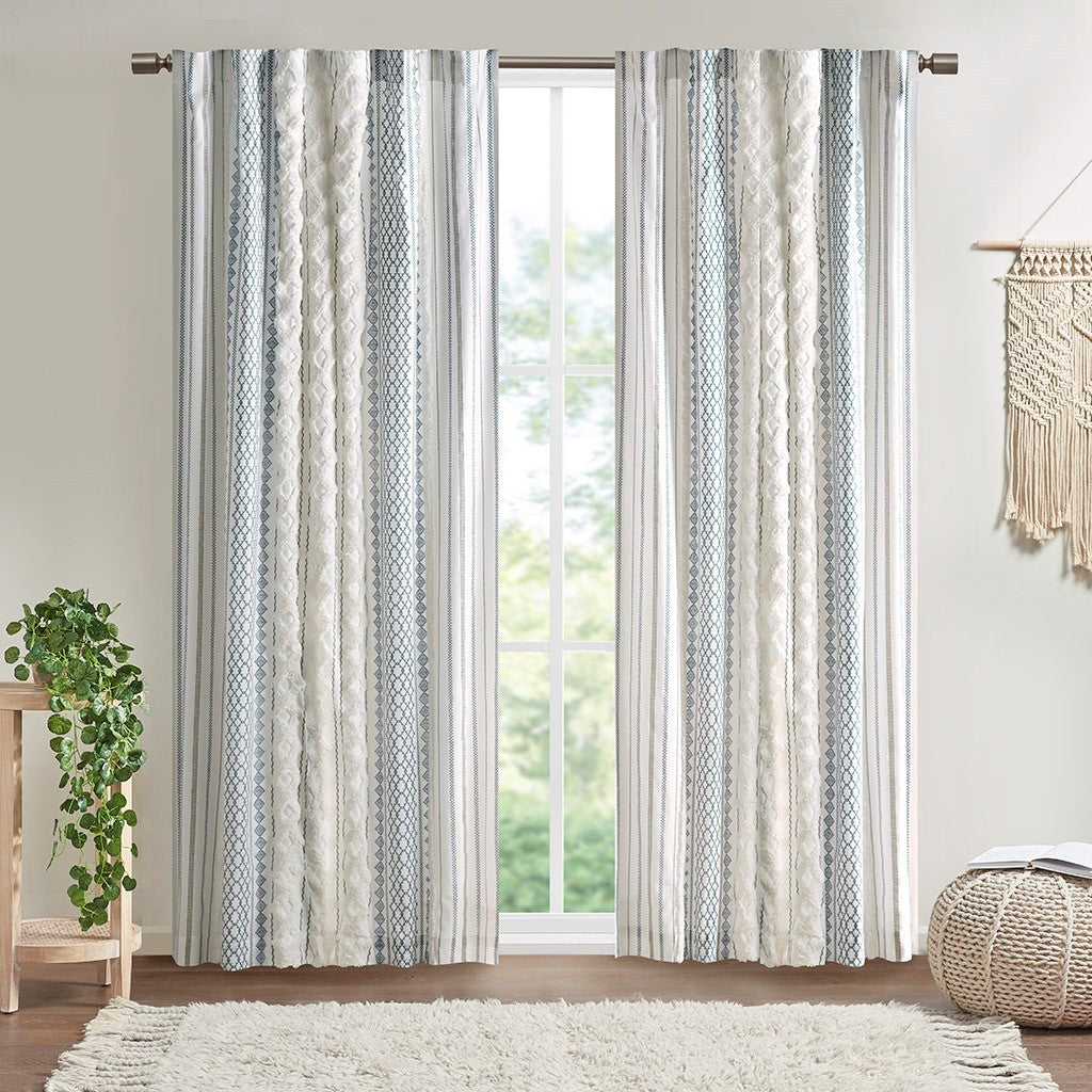 Cotton Printed Curtain Panel with Chenille Stripe and Lining White/Navy 50x84'