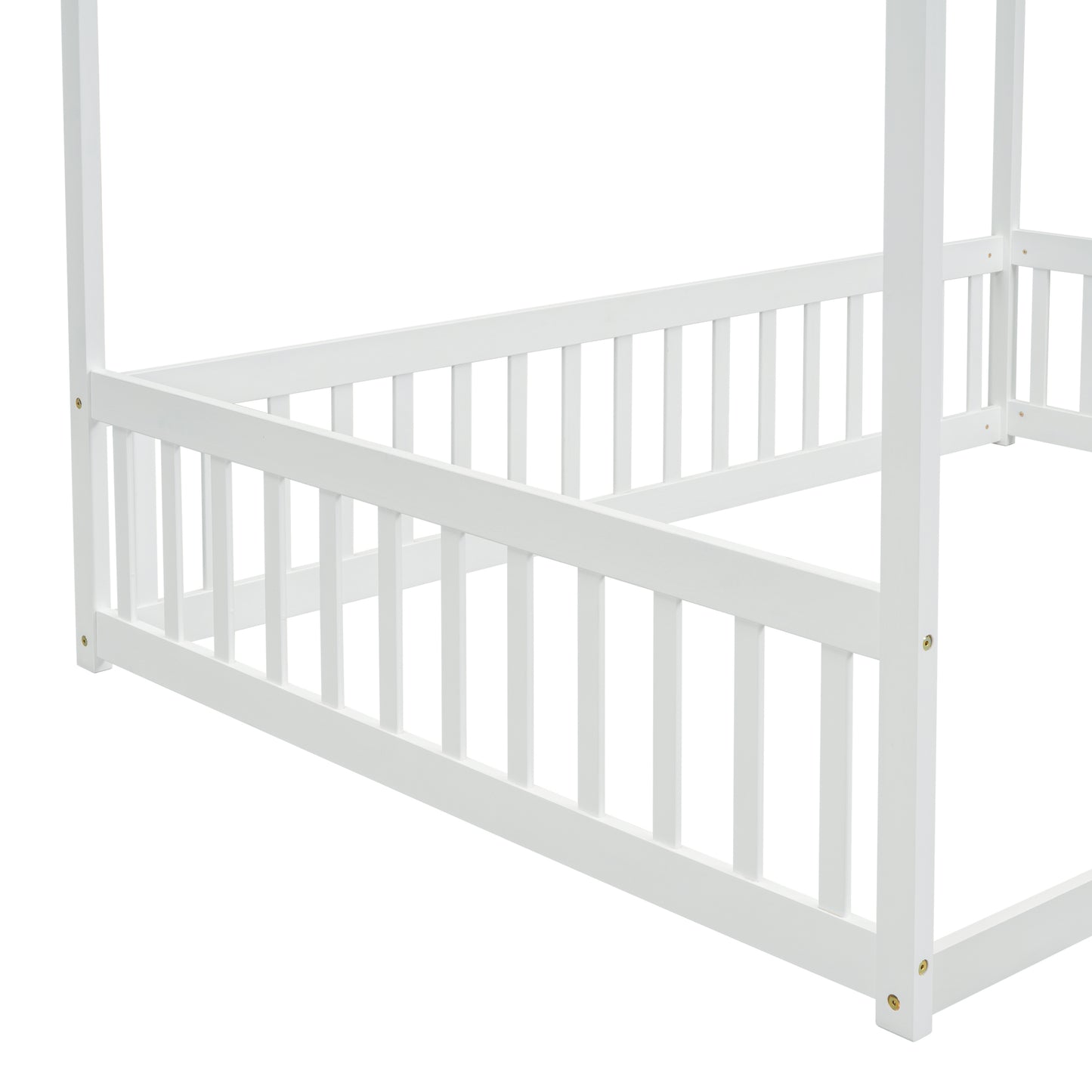 Full Size Canopy Frame Floor Bed with Fence, Guardrails,White