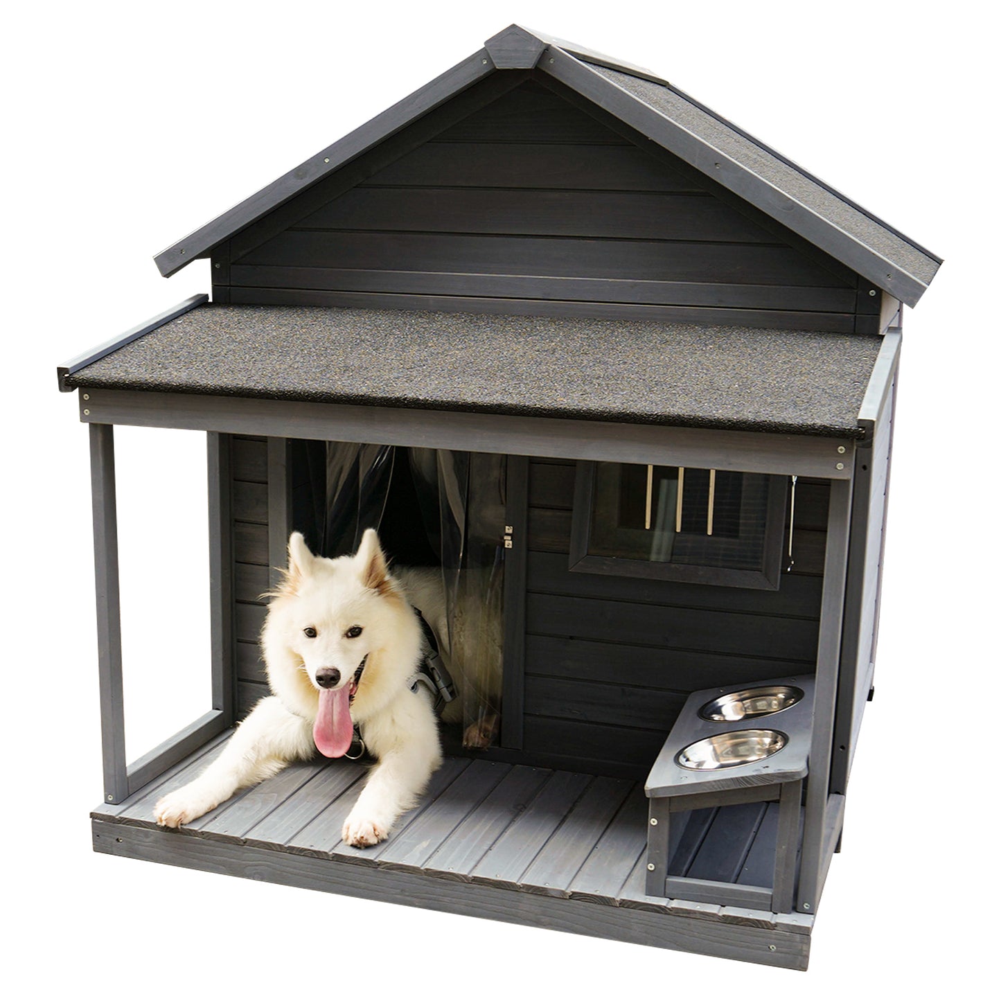 Large balcony dog house, length 44.2" x width 44.6 "x height 44.6" Solid wood asphalt roof dog house with large terrace, weatherproof large dog house, cleaning mat, feeding bowl