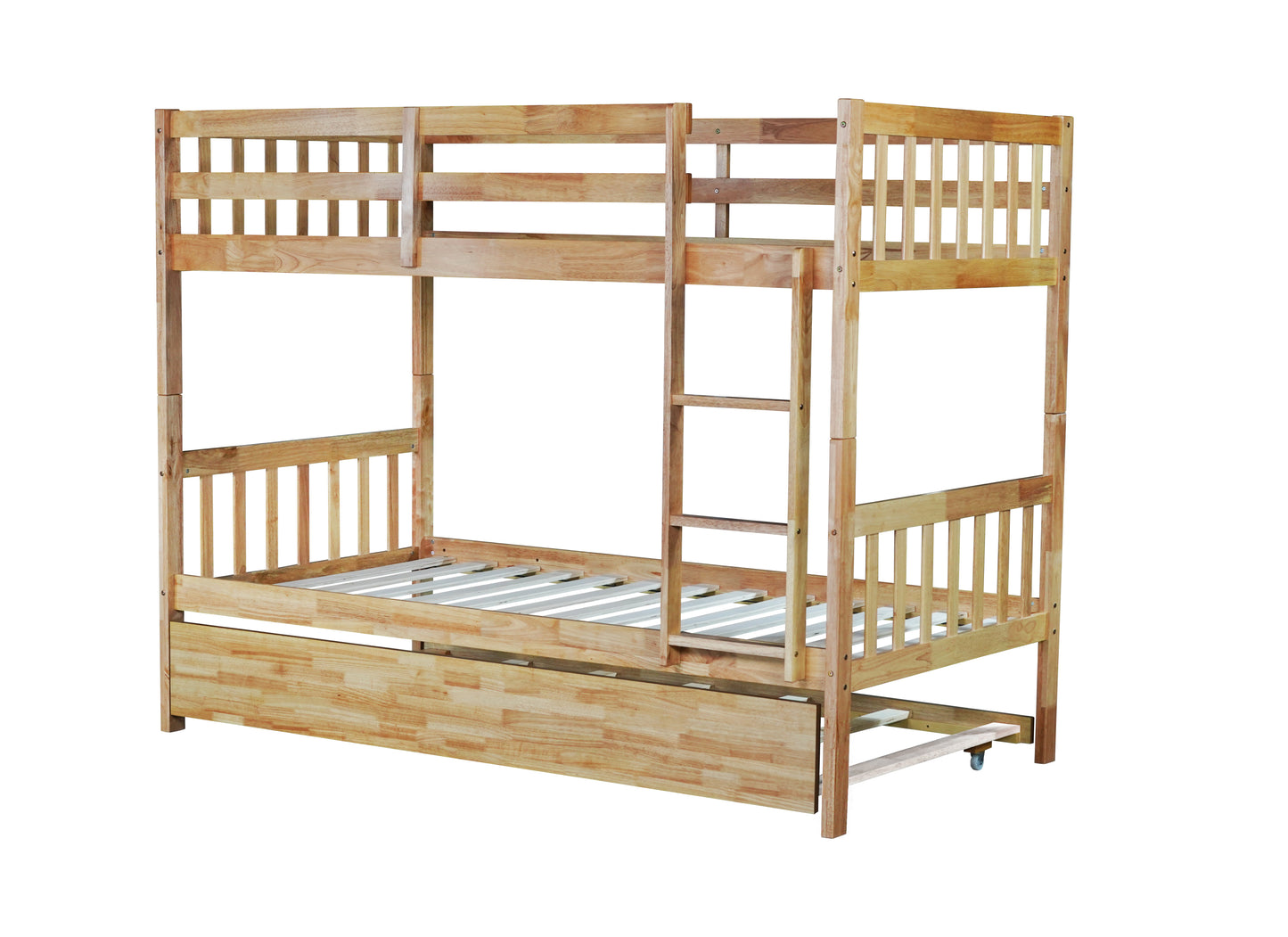 Twin Over Twin Rubber Wood Bunk Bed with Trundle, Convertible into 2 Twin Size Beds, Twin Size Bunk Bed with Ladder and Safety Guardrails,Natural