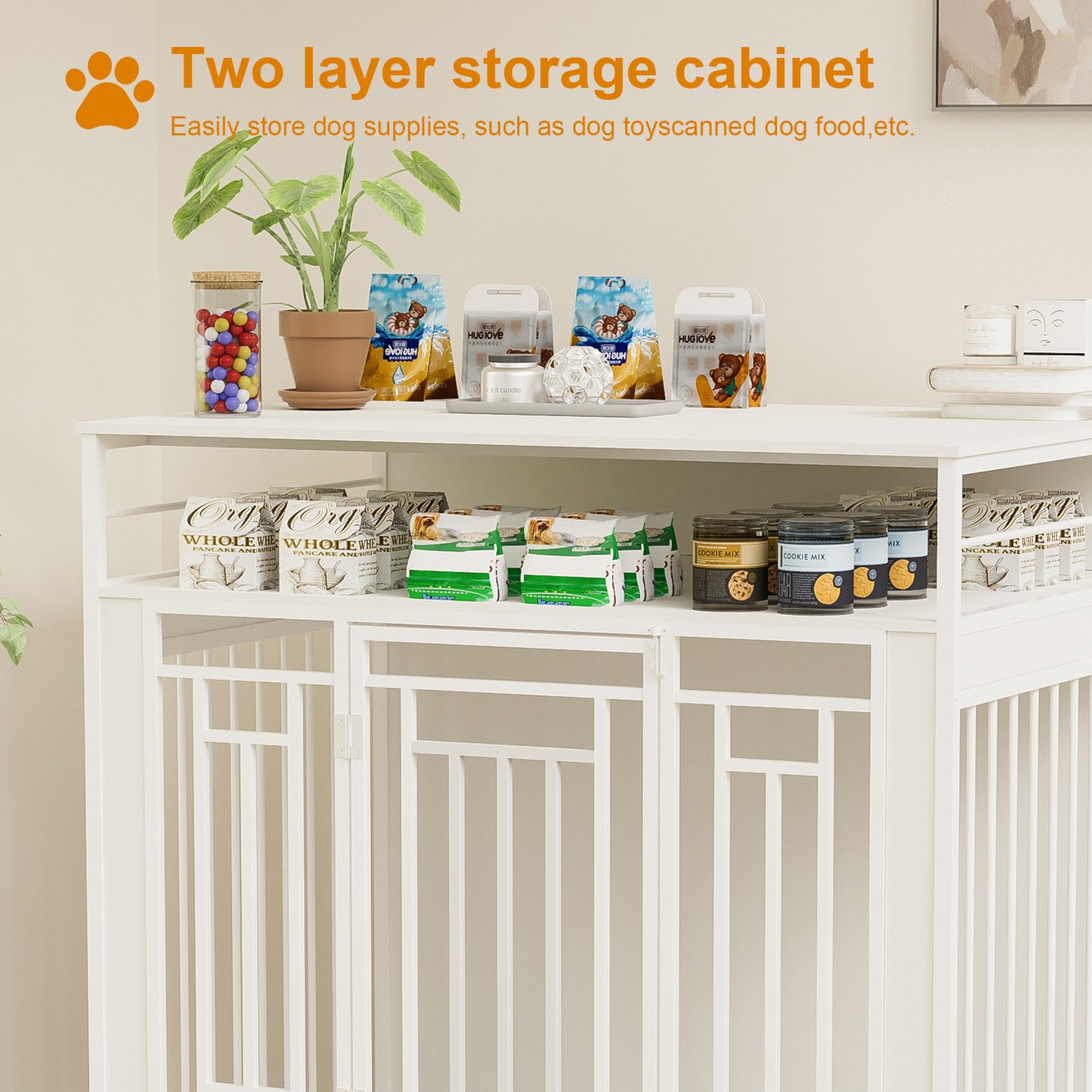 43.3 inch Dog Crate Furniture for Large Dogs,Wooden Dog Crate with Divider,Double Door Dog Kennel with Three Drawers Storages,Heavy Duty Dogs Decorative Pet House for Large Medium Dogs ,White