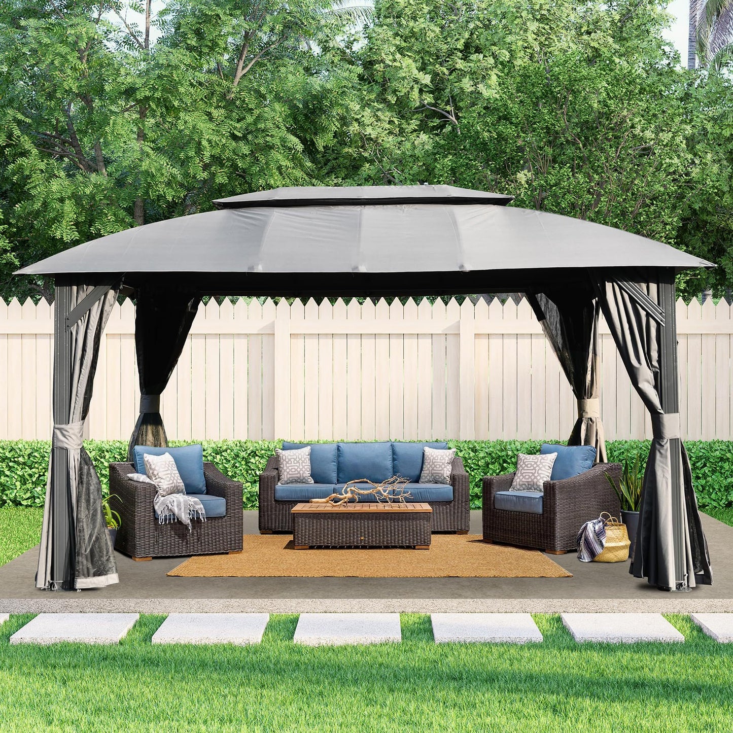 Gazebo 10x14FT, Outdoor Gazebo with Double Roofs, Privacy Curtains, Mosquito Nettings, Heavy Duty Metal Frame Party Tent Canopy for Patio, Backyard, Deck, Lawn, Grey